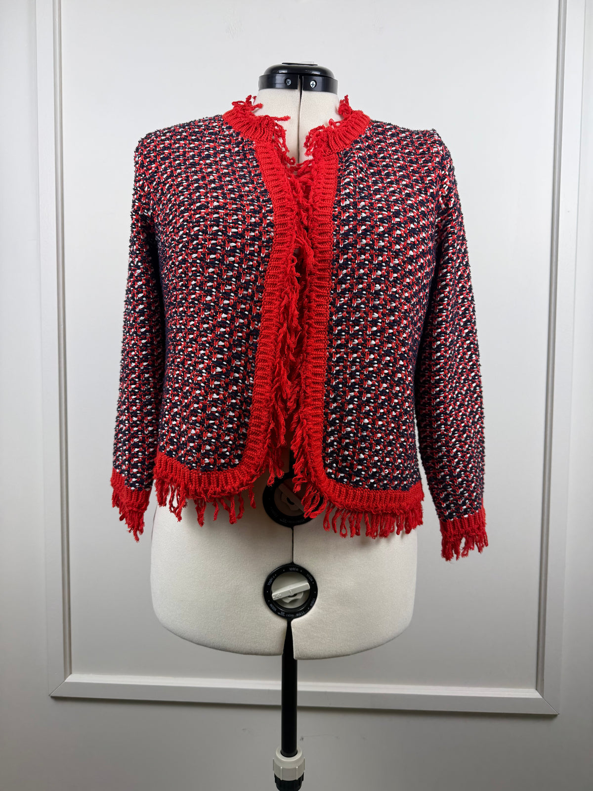 Monari Tweed-Jäcklein mit Fransen – Rot/Blau/Mehrfarbig – Gr. 40 DE