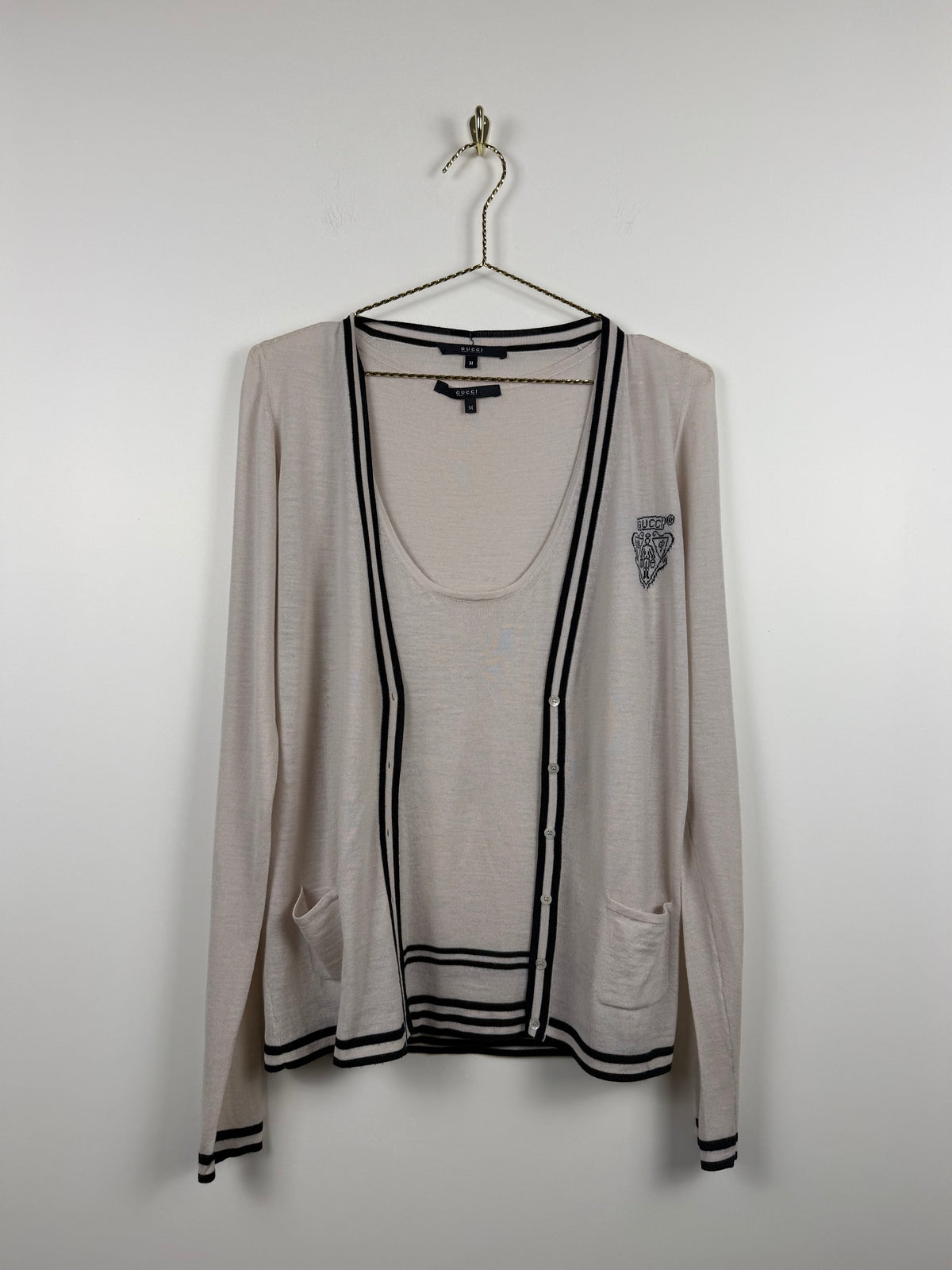 Gucci Vintage Set Top & Cardigan – Beige/Schwarz – Gr. M