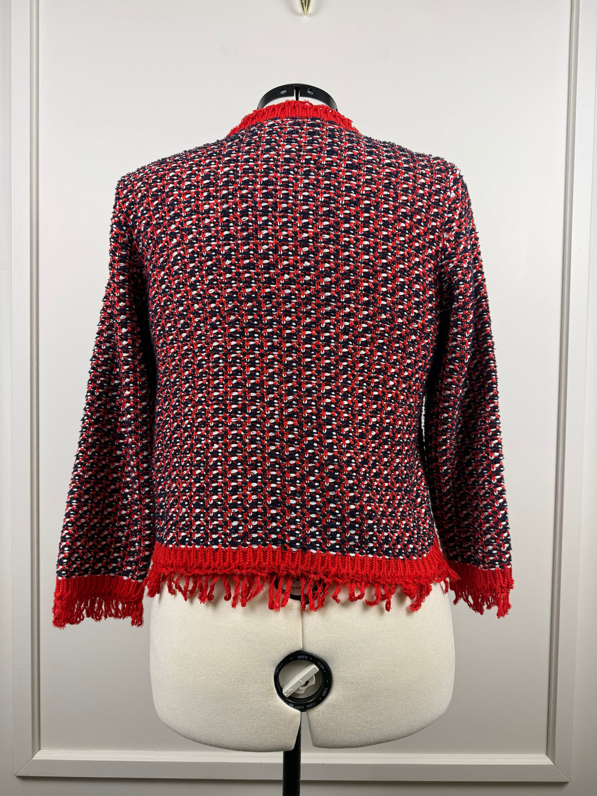 Monari Tweed-Jäcklein mit Fransen – Rot/Blau/Mehrfarbig – Gr. 40 DE
