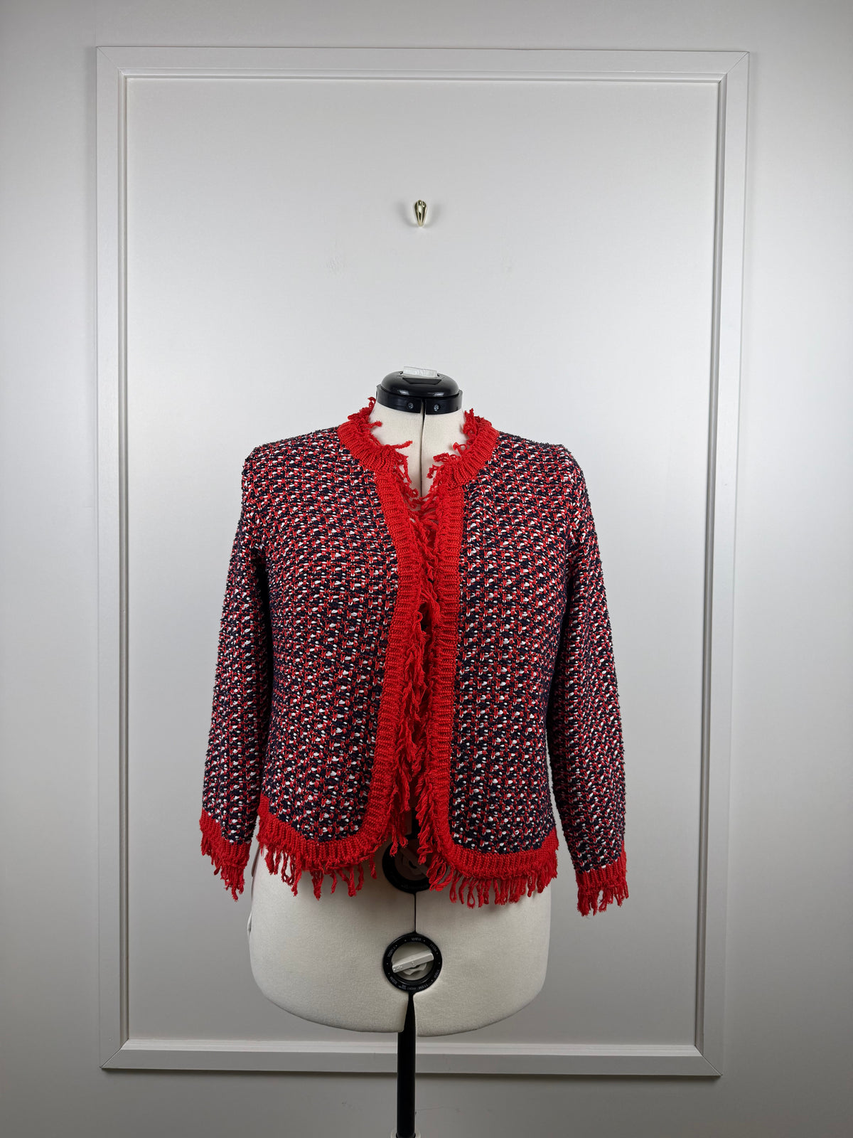 Monari Tweed-Jäcklein mit Fransen – Rot/Blau/Mehrfarbig – Gr. 40 DE