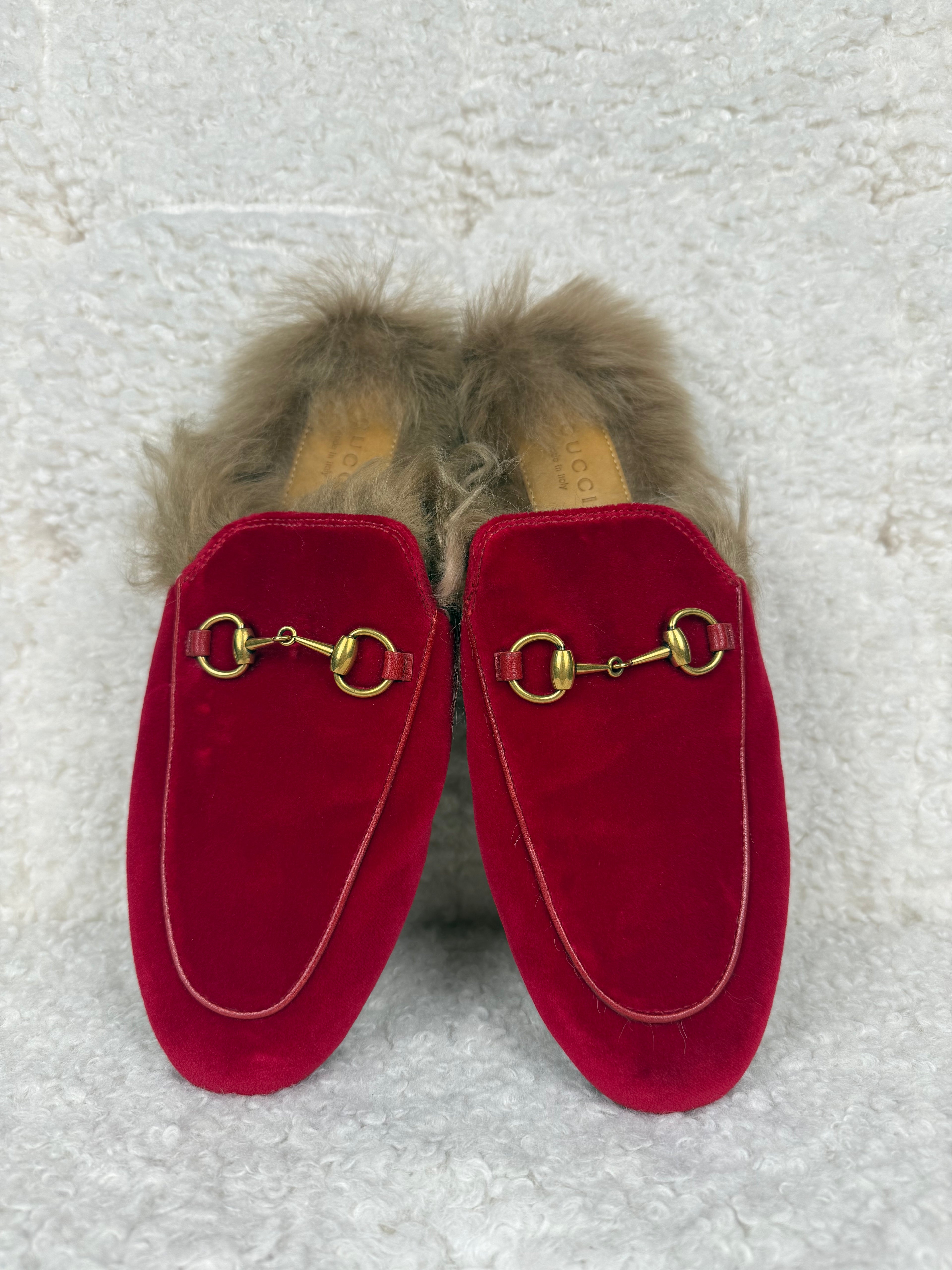 Gucci Princetown Mules with Fur Red Velvet Sz. 37.5 EU