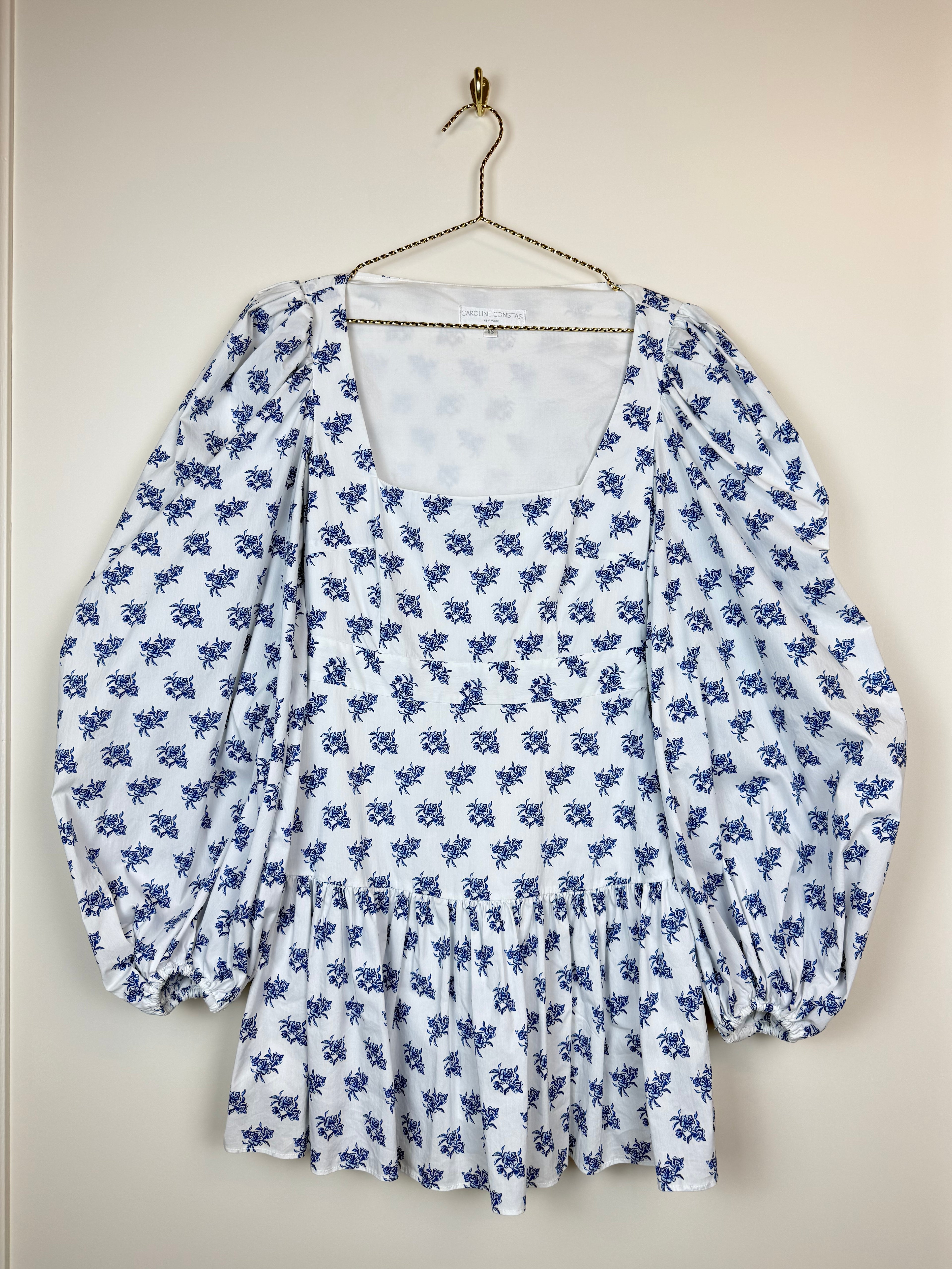 Caroline Constas Floral Dress White Blue Sz. XS