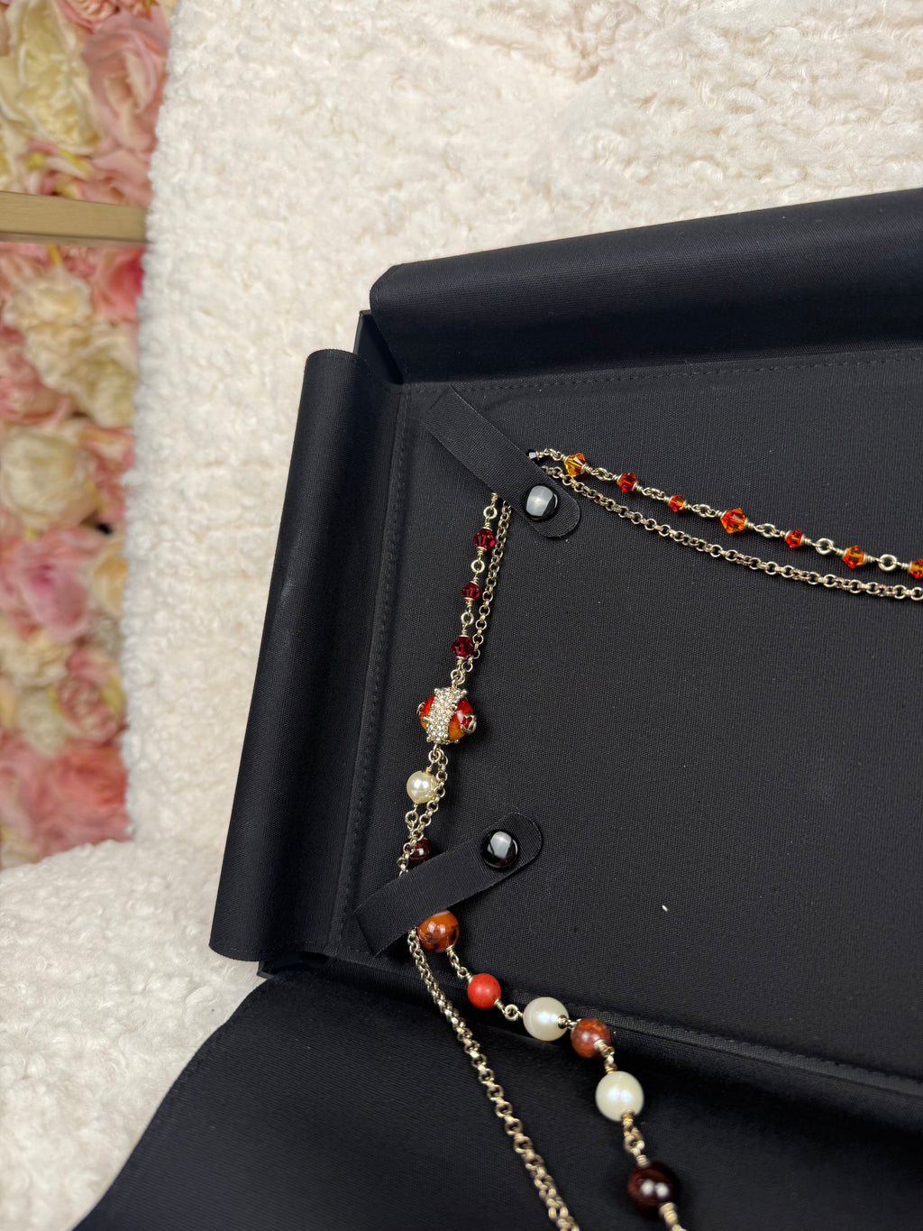 Chanel Faux Pearls Necklace Orange Multi