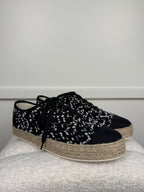 Chanel Lace Up Tweed Espadrilles Black White Sz. 40 EU