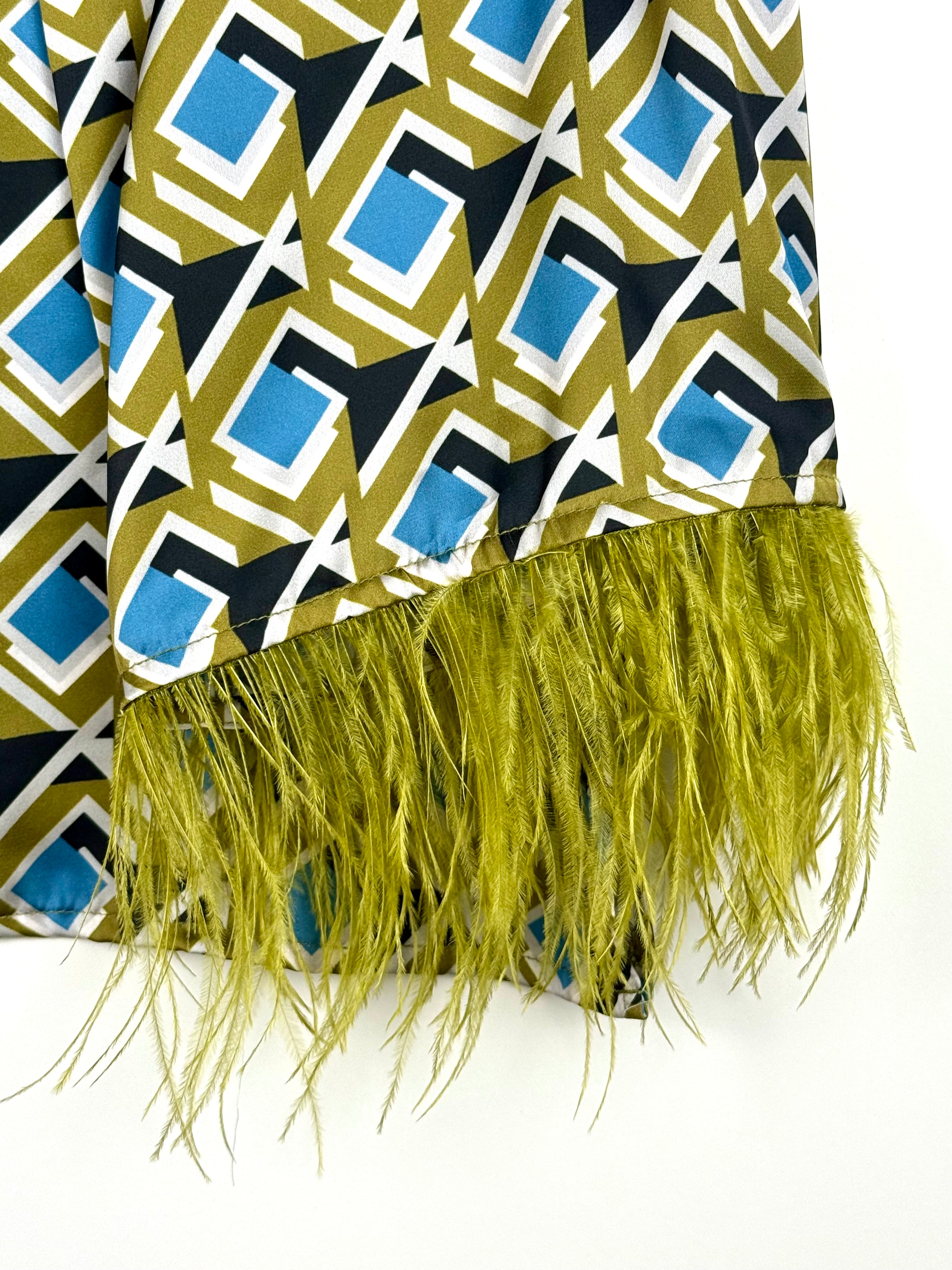 BSB Collection Blouse Green Multi with Feathers Sz. L