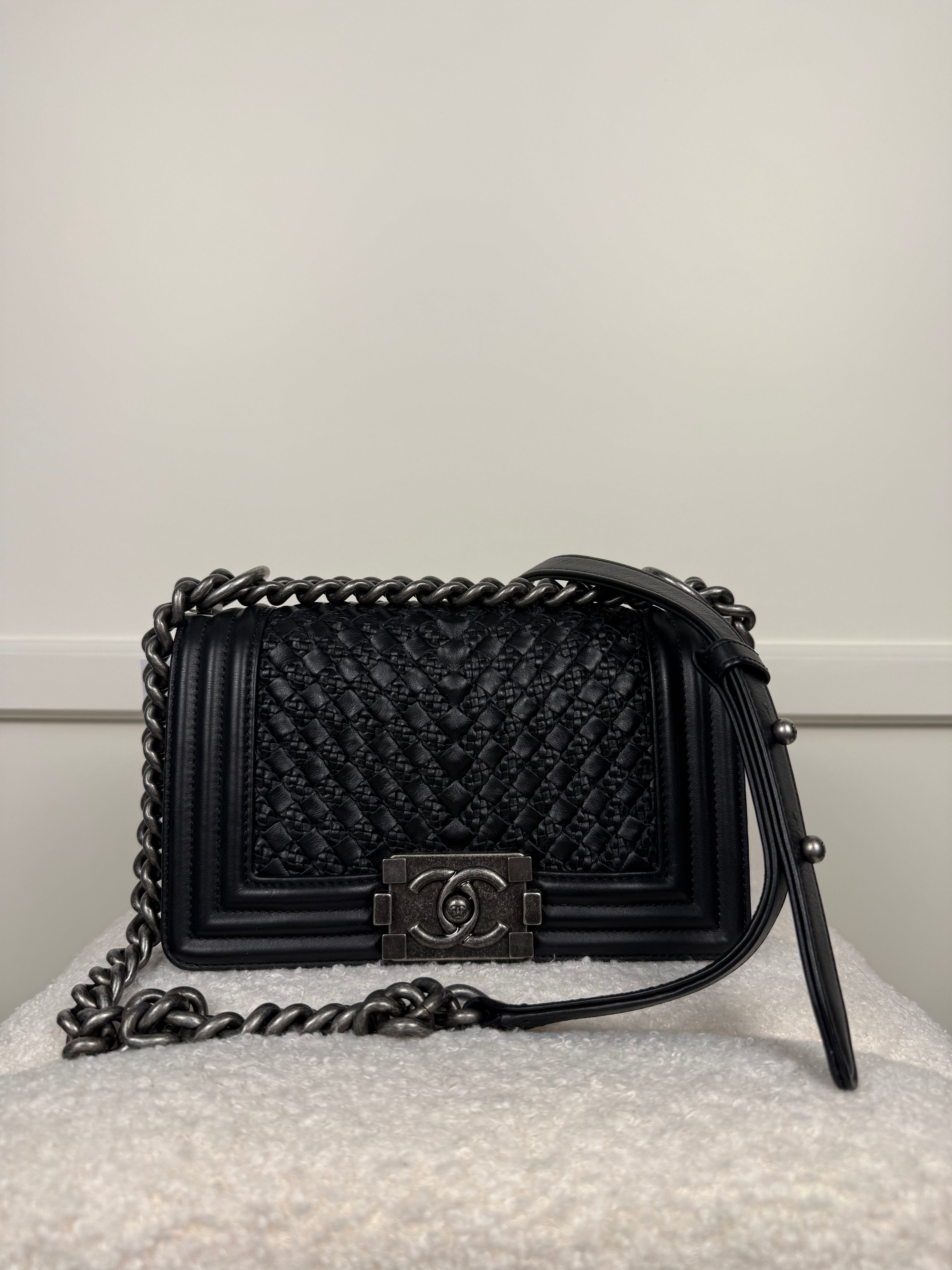 Chanel Lambskin Braided Woven Small Boy Bag Black