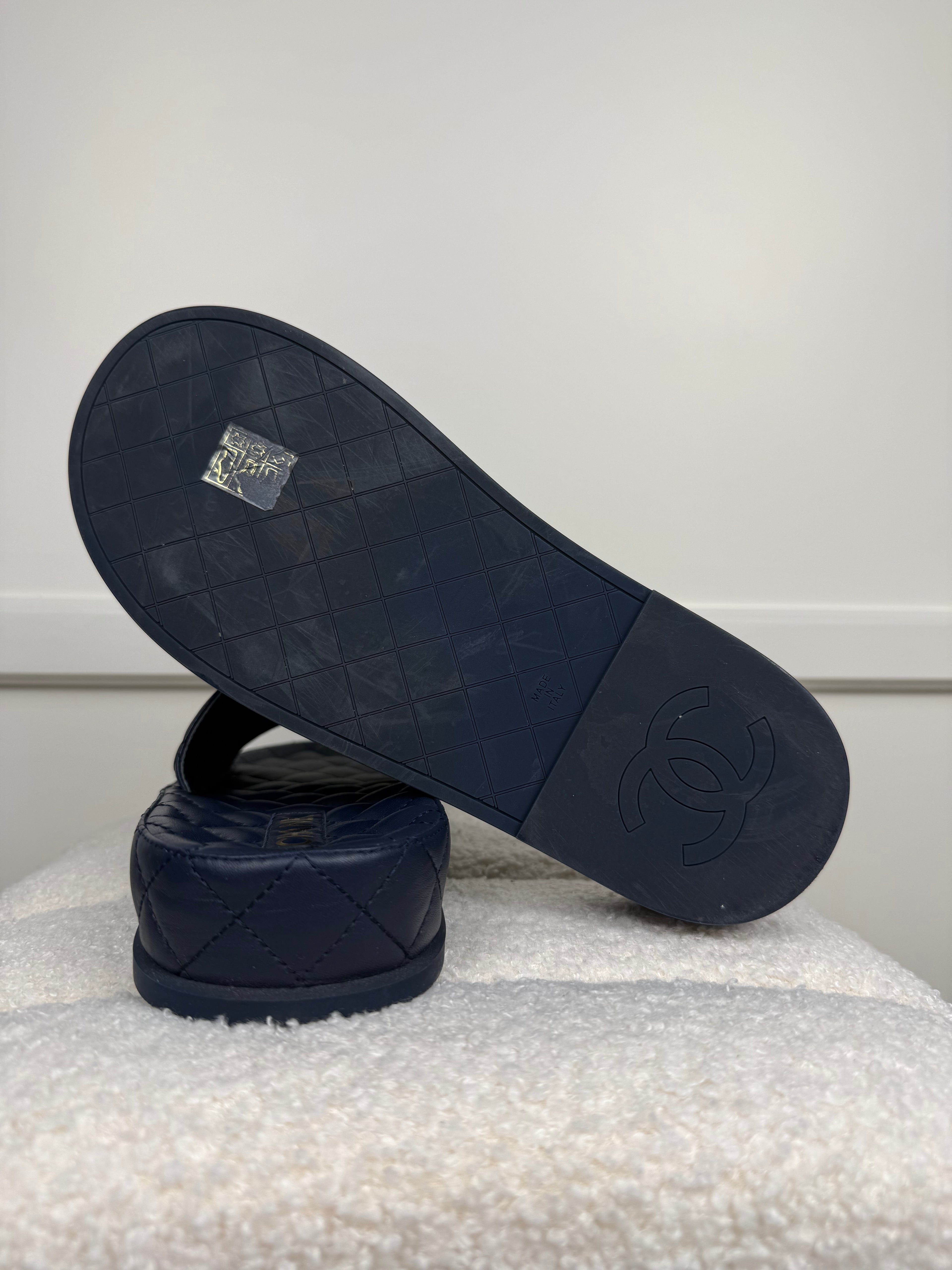 Chanel Quilted Lambskin Sandals Dark Blue Sz. 39 EU