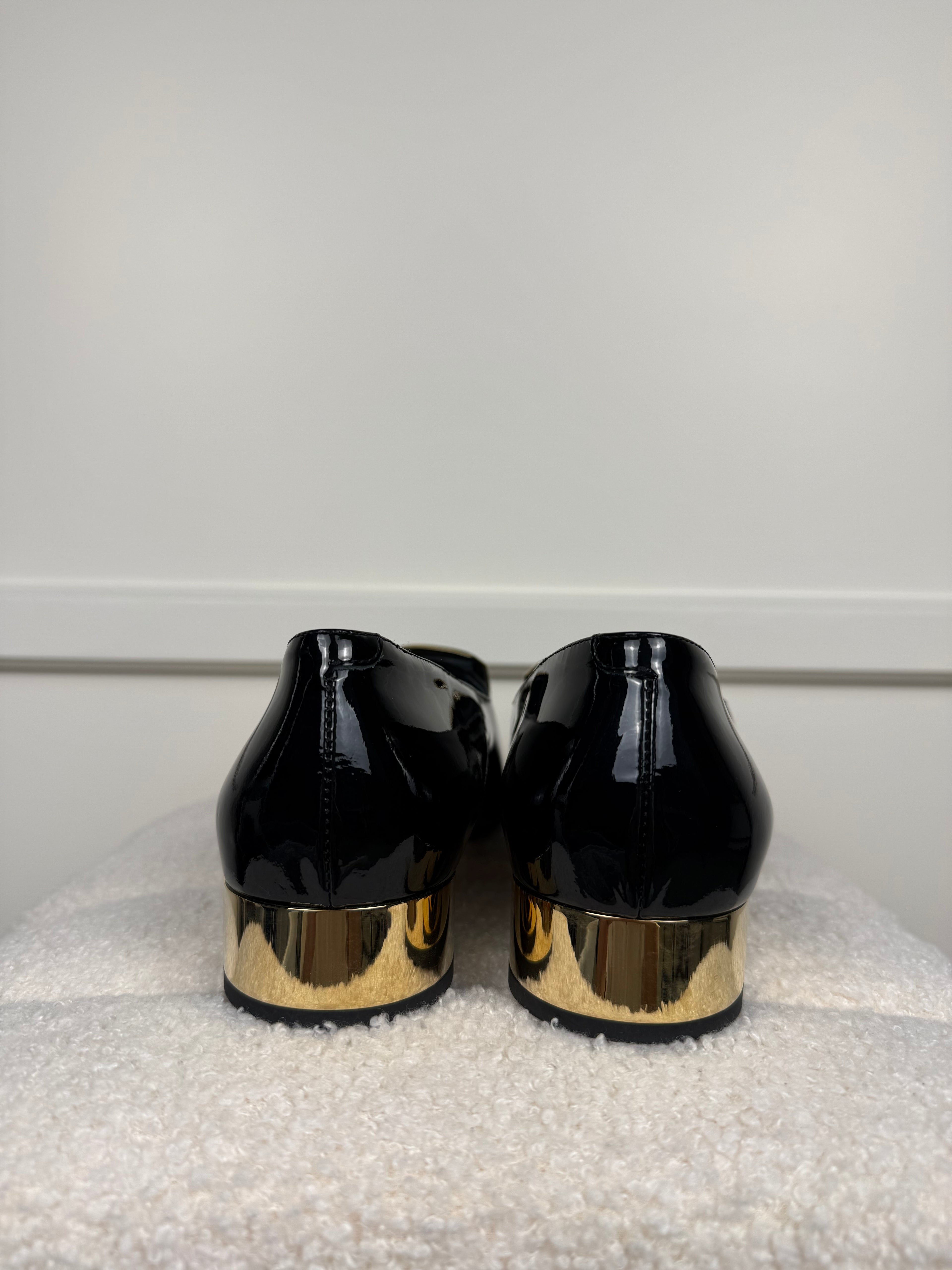 Chanel Patent Leather Moccasin Black Gold Details Sz. 39.5 EU