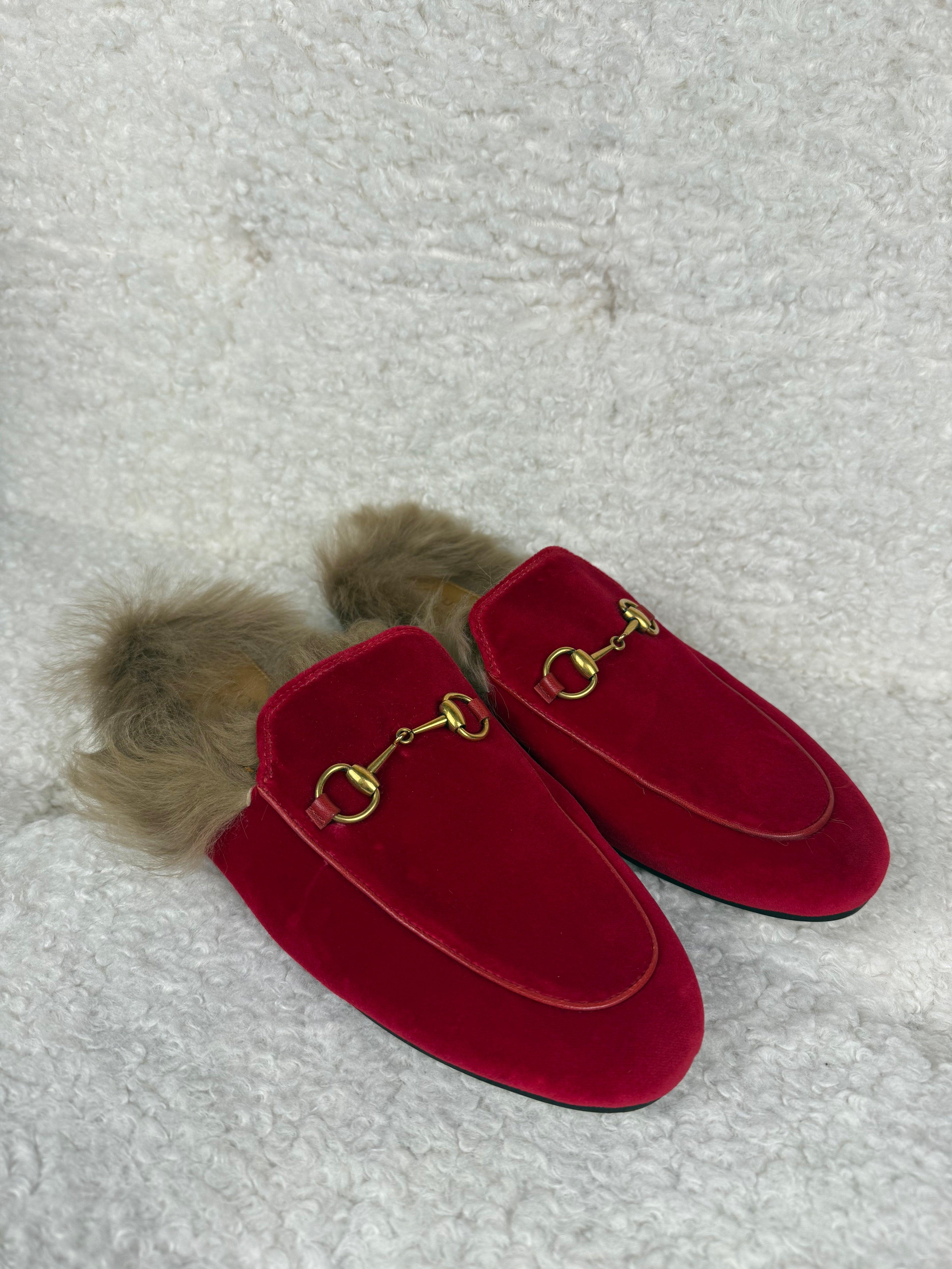 Gucci Princetown Mules with Fur Red Velvet Sz. 37.5 EU