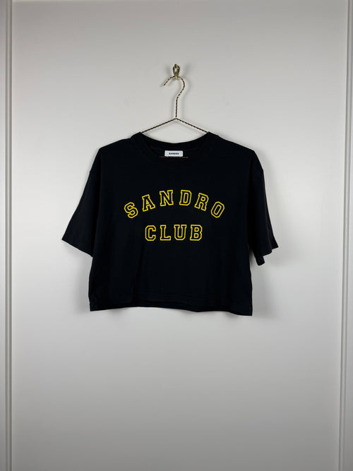 Sandro Crop T-Shirt mit Schriftzug – Schwarz/Gelb – Gr. S (1)
