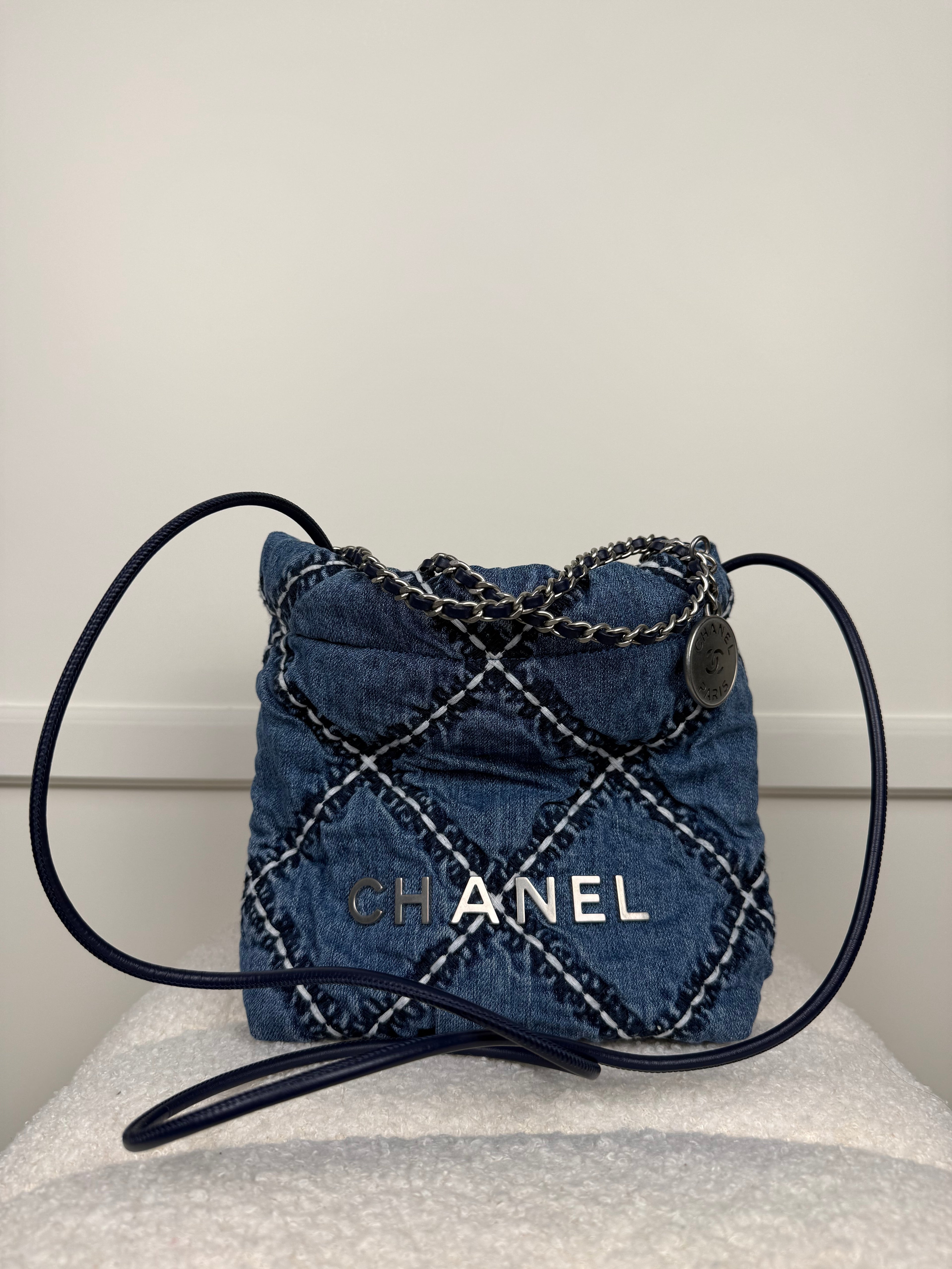 Chanel Mini 22 Stitched Denim SHDW Blue Bag