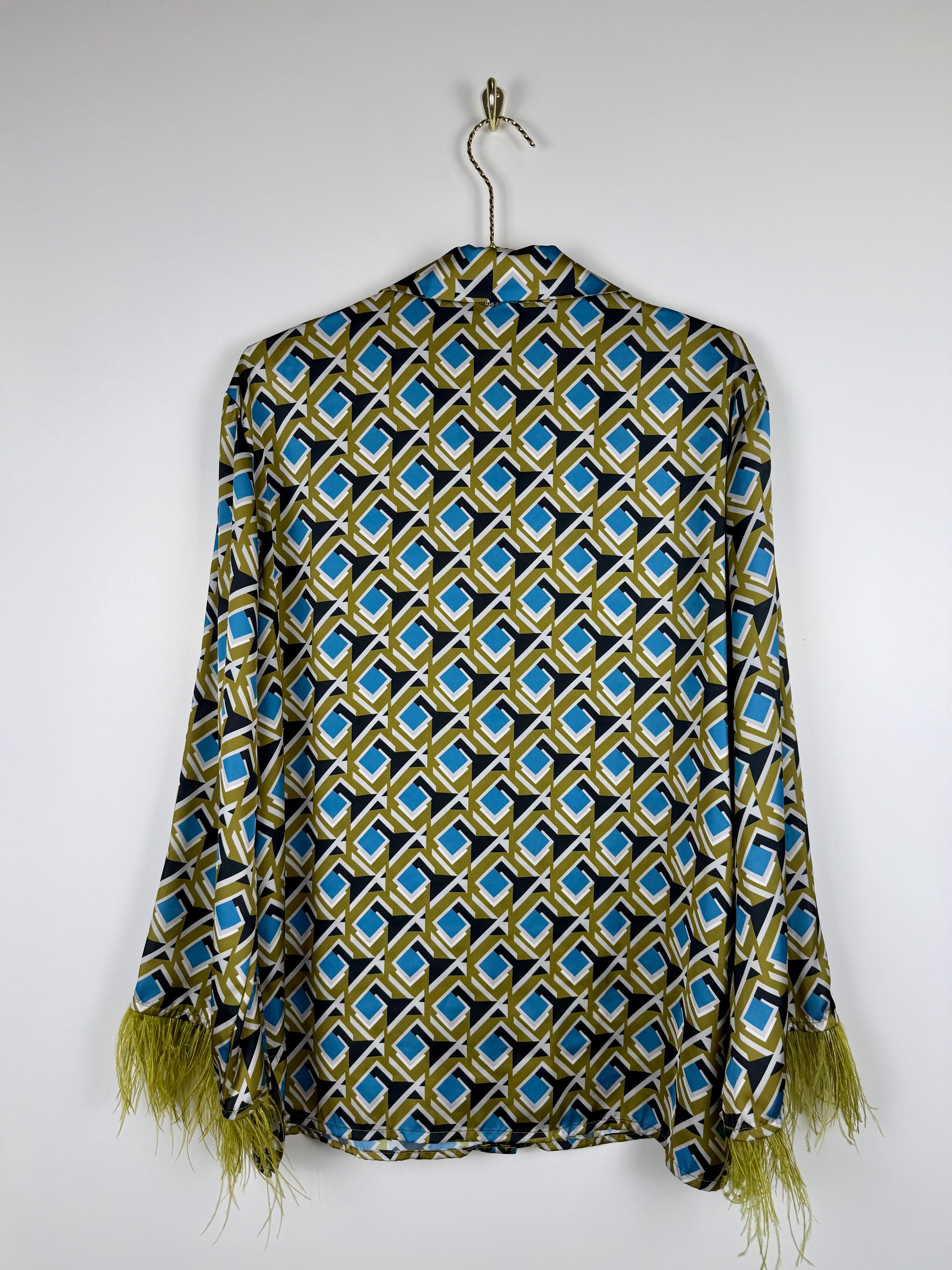BSB Collection Blouse Green Multi with Feathers Sz. L