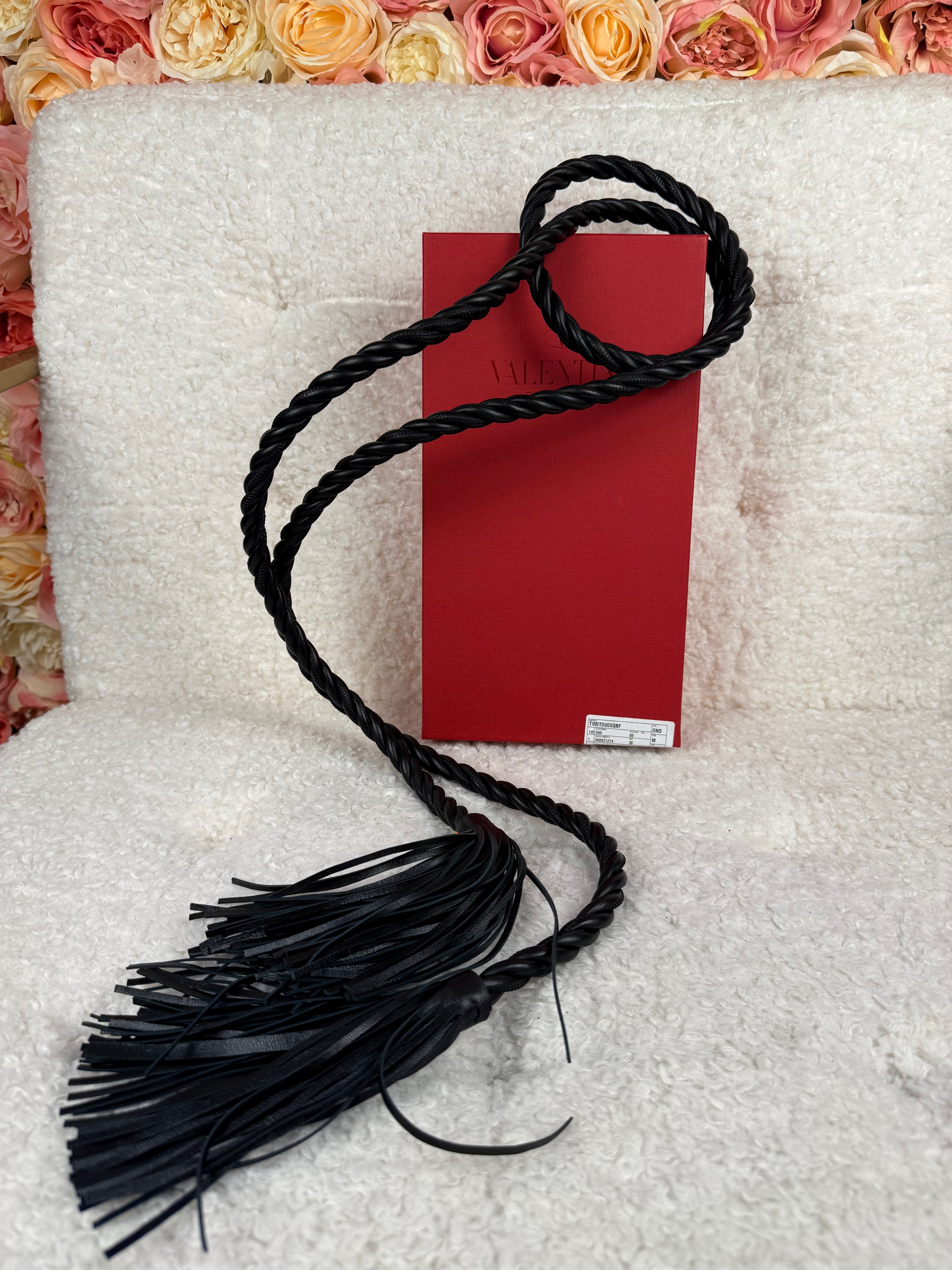Valentino Braided Leather Tassel Waist Belt Black