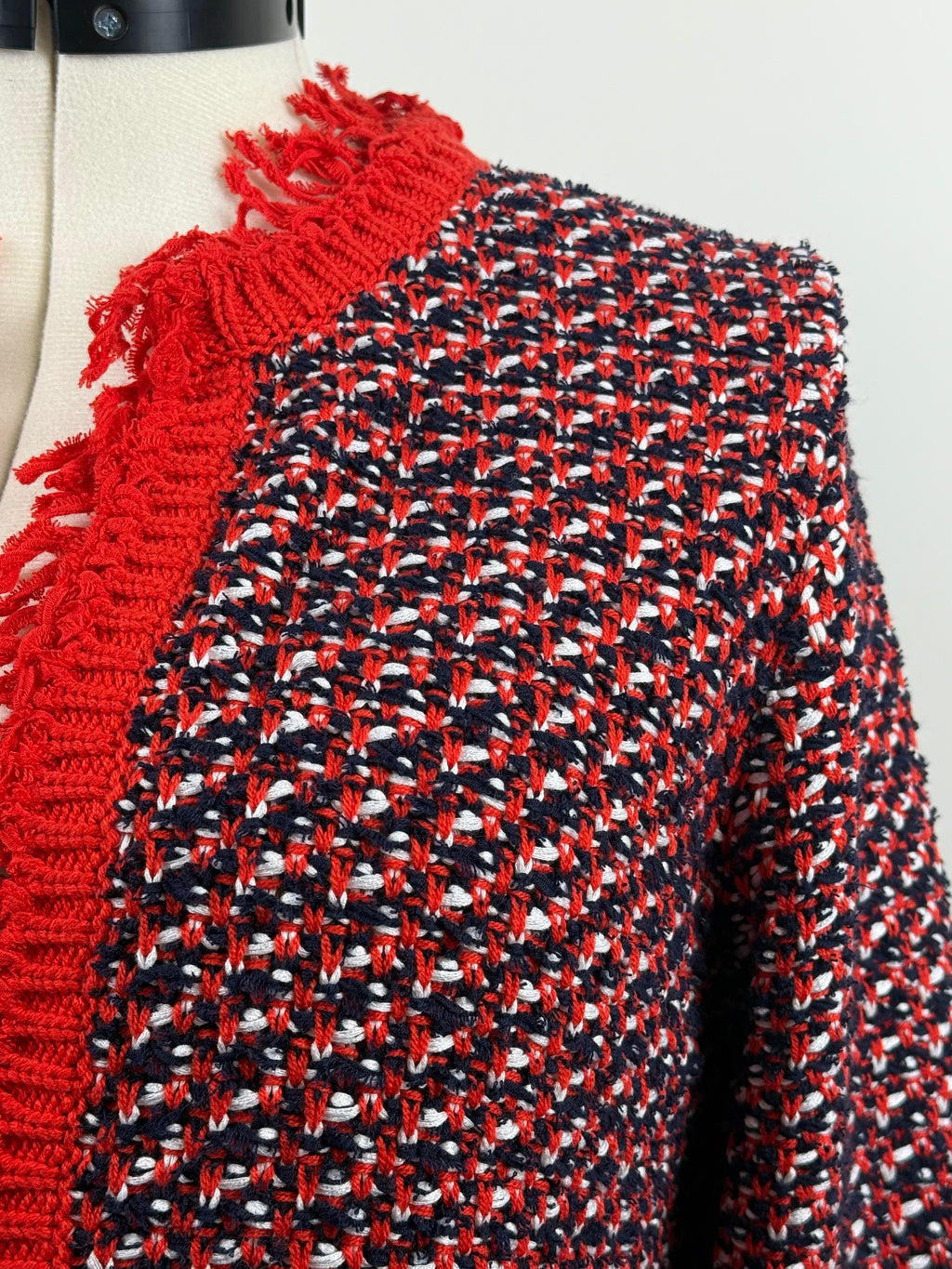 Monari Tweed-Jäcklein mit Fransen – Rot/Blau/Mehrfarbig – Gr. 40 DE