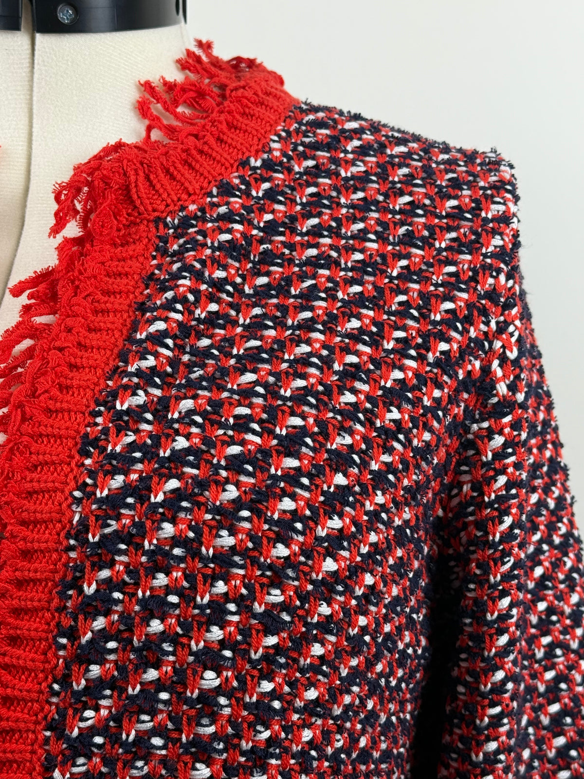 Monari Tweed-Jäcklein mit Fransen – Rot/Blau/Mehrfarbig – Gr. 40 DE