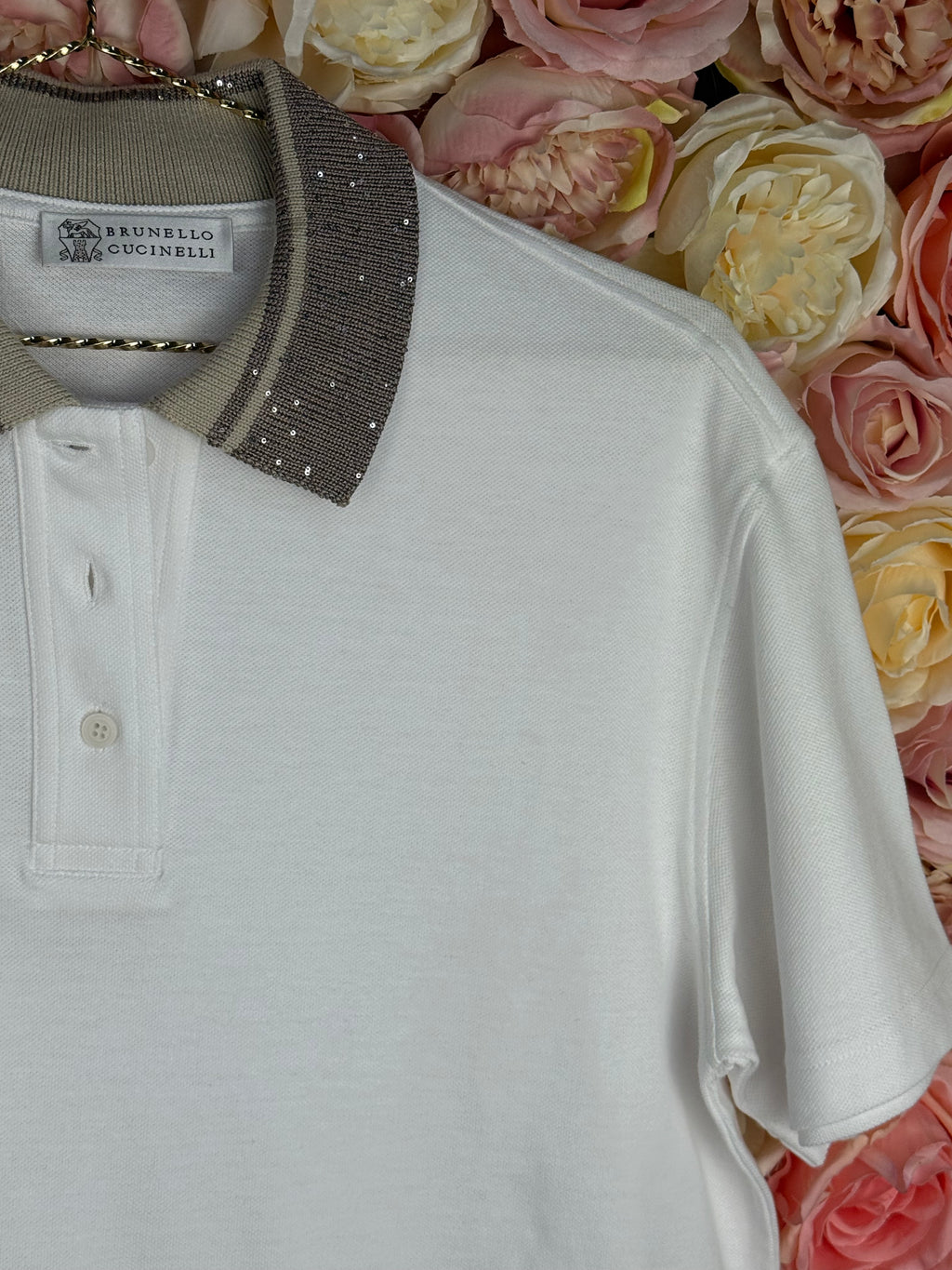 Brunello Cucinelli Polo Shirt Taupe White Sz. L