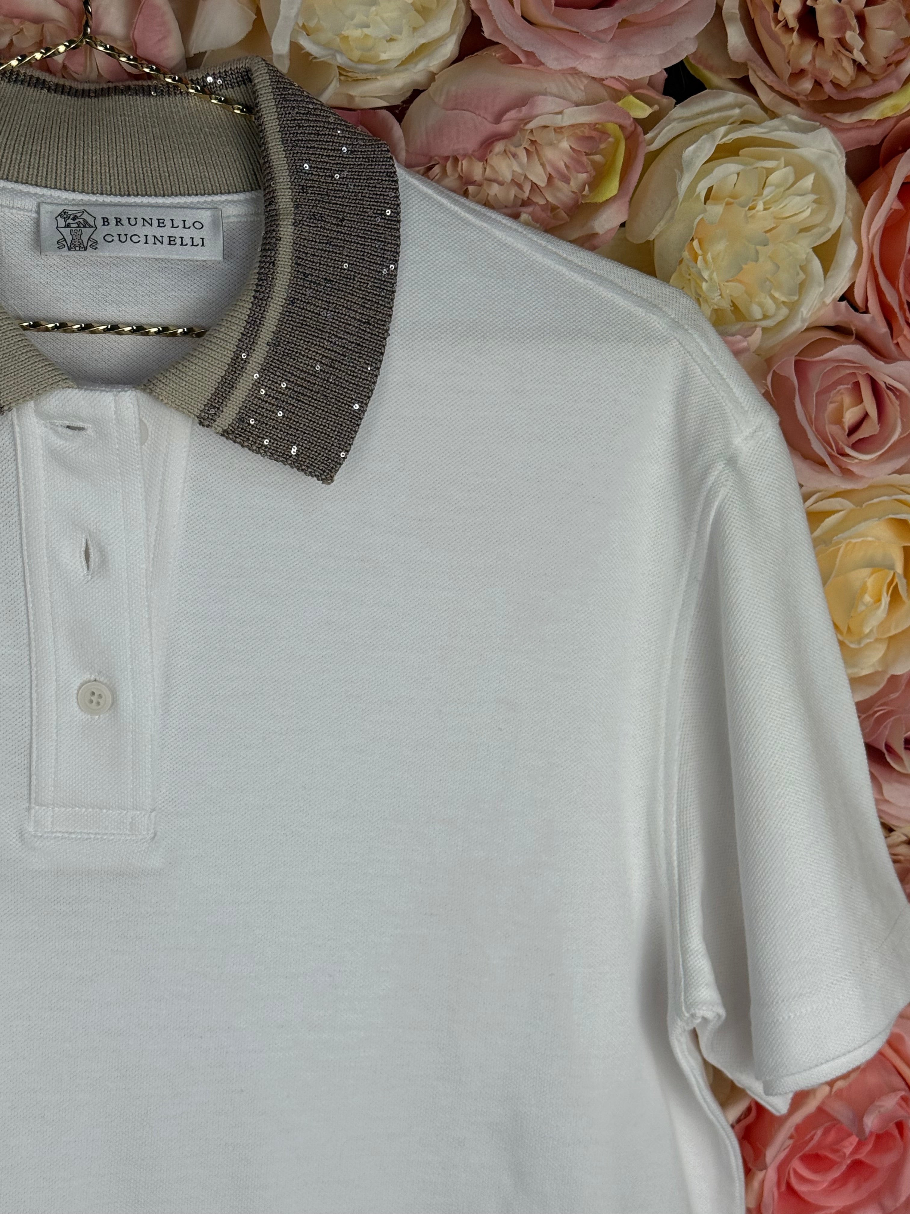 Brunello Cucinelli Polo Shirt Taupe White Sz. L