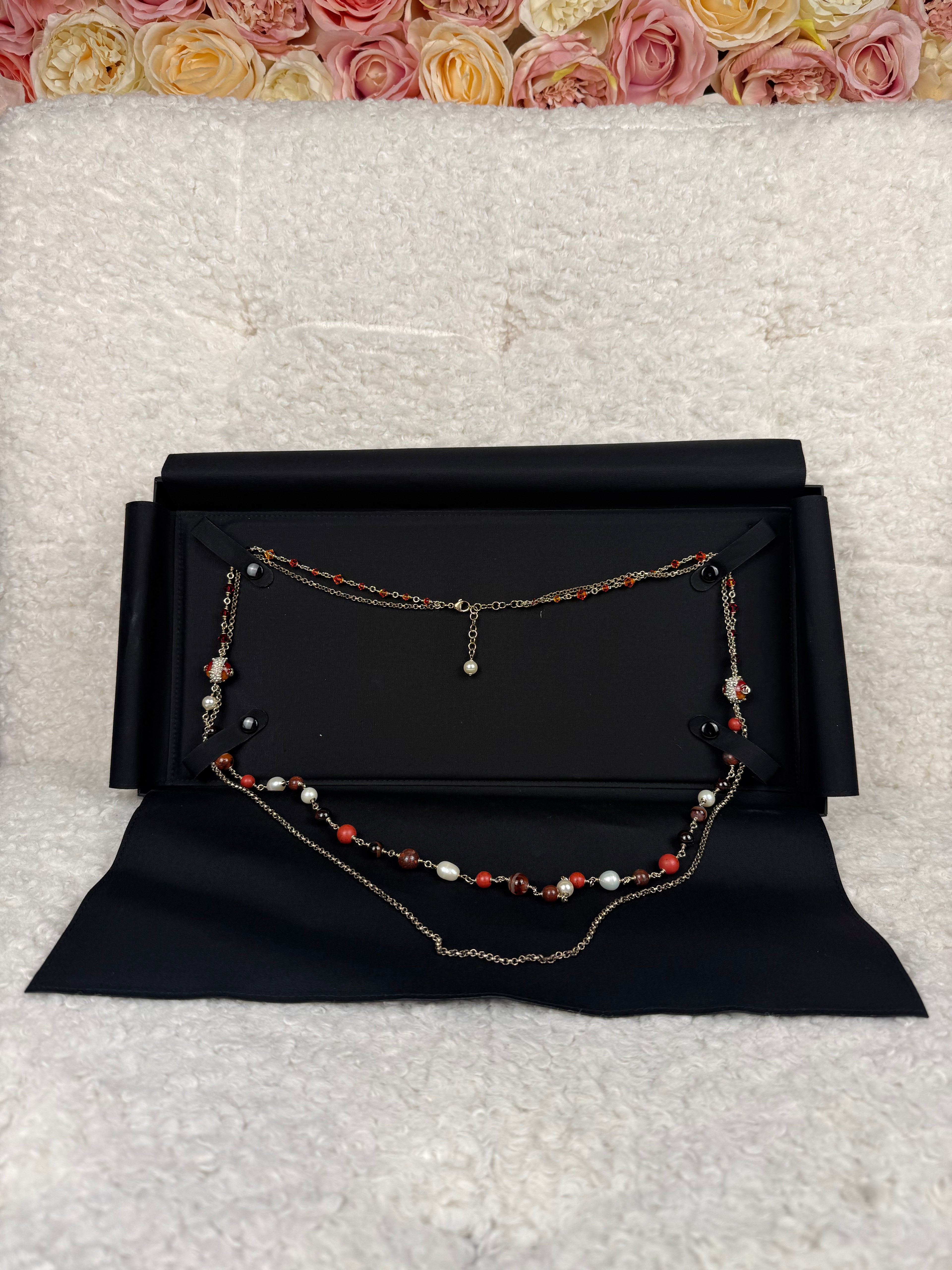 Chanel Faux Pearls Necklace Orange Multi