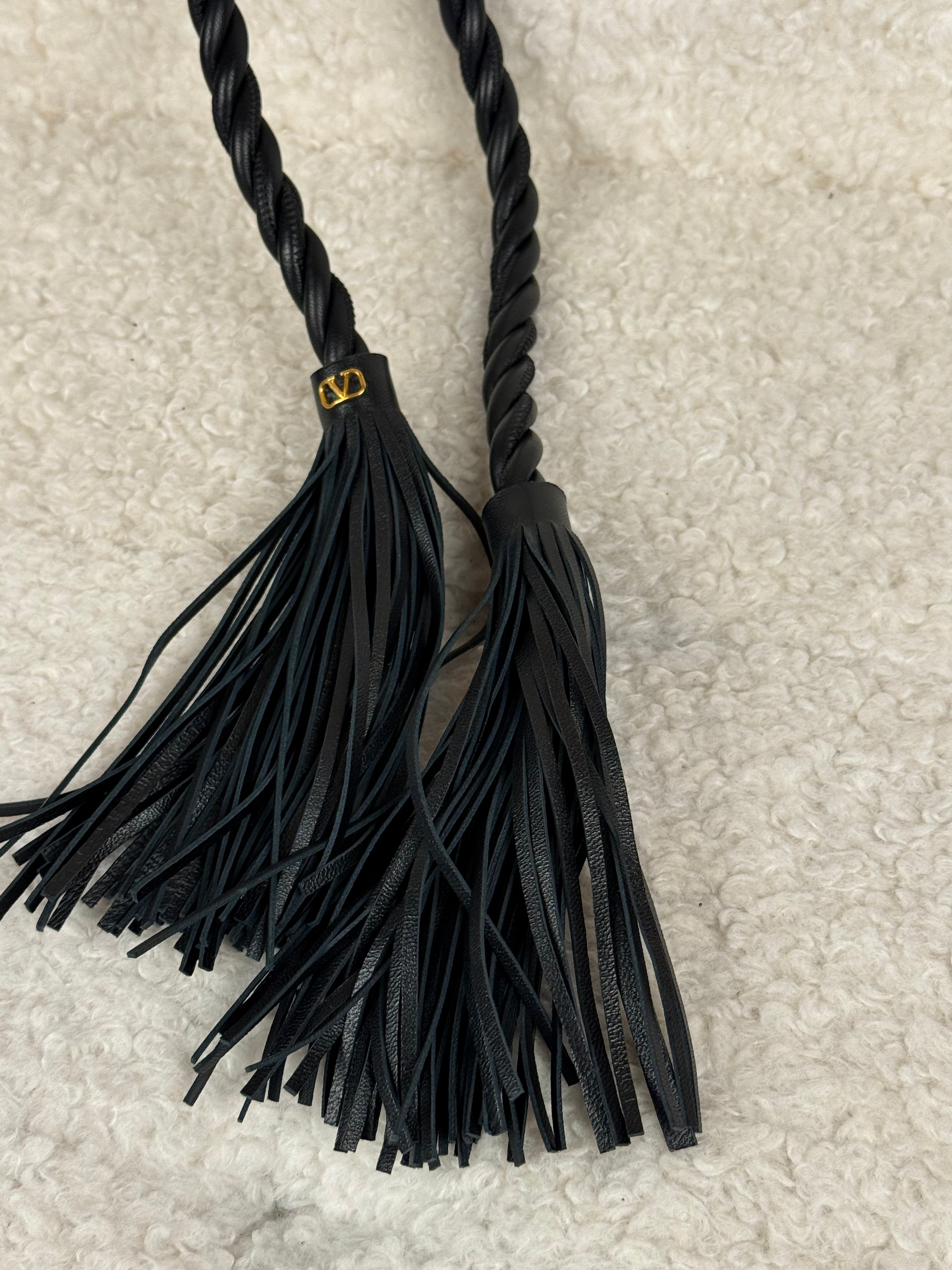 Valentino Braided Leather Tassel Waist Belt Black