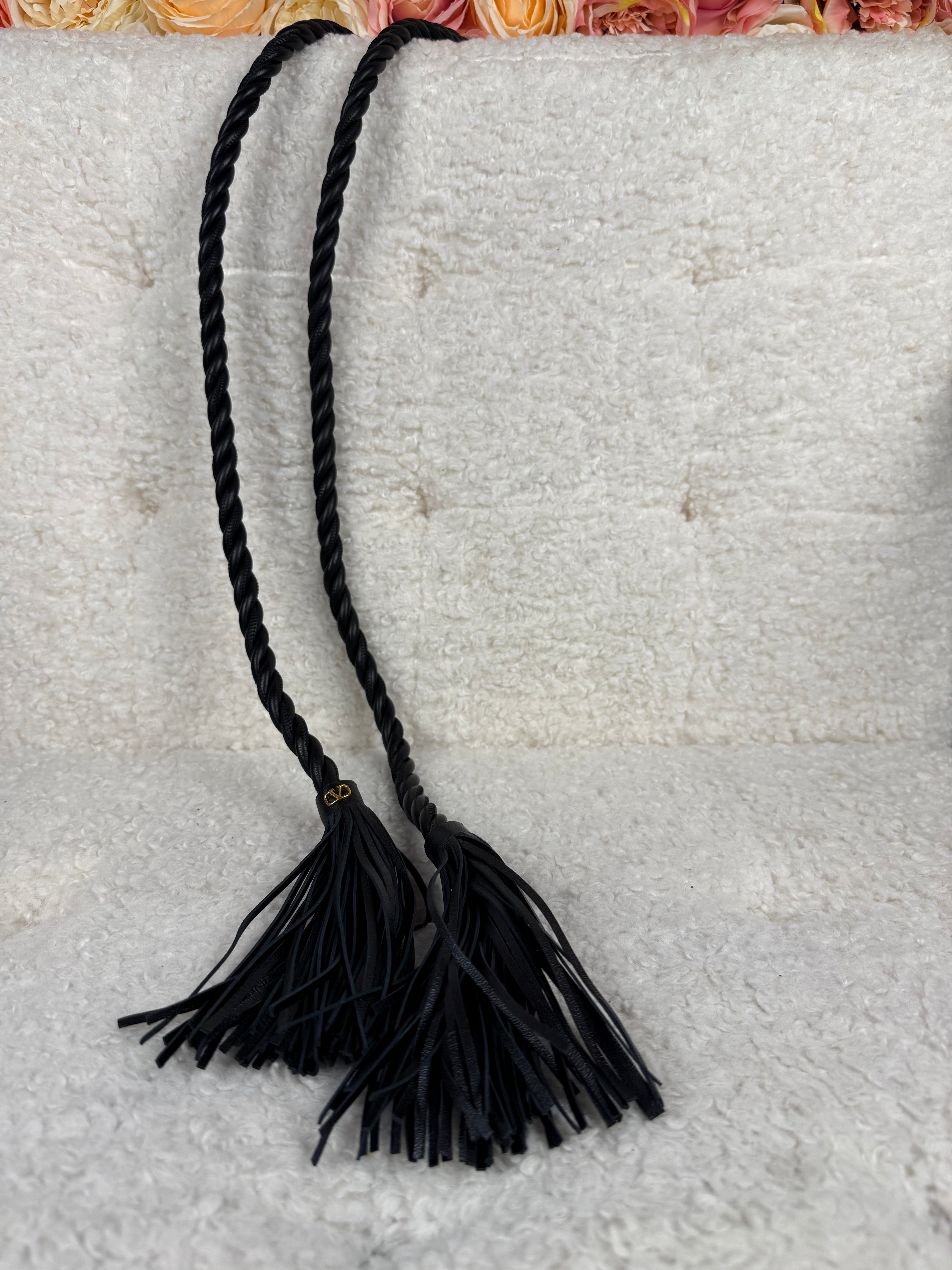 Valentino Braided Leather Tassel Waist Belt Black