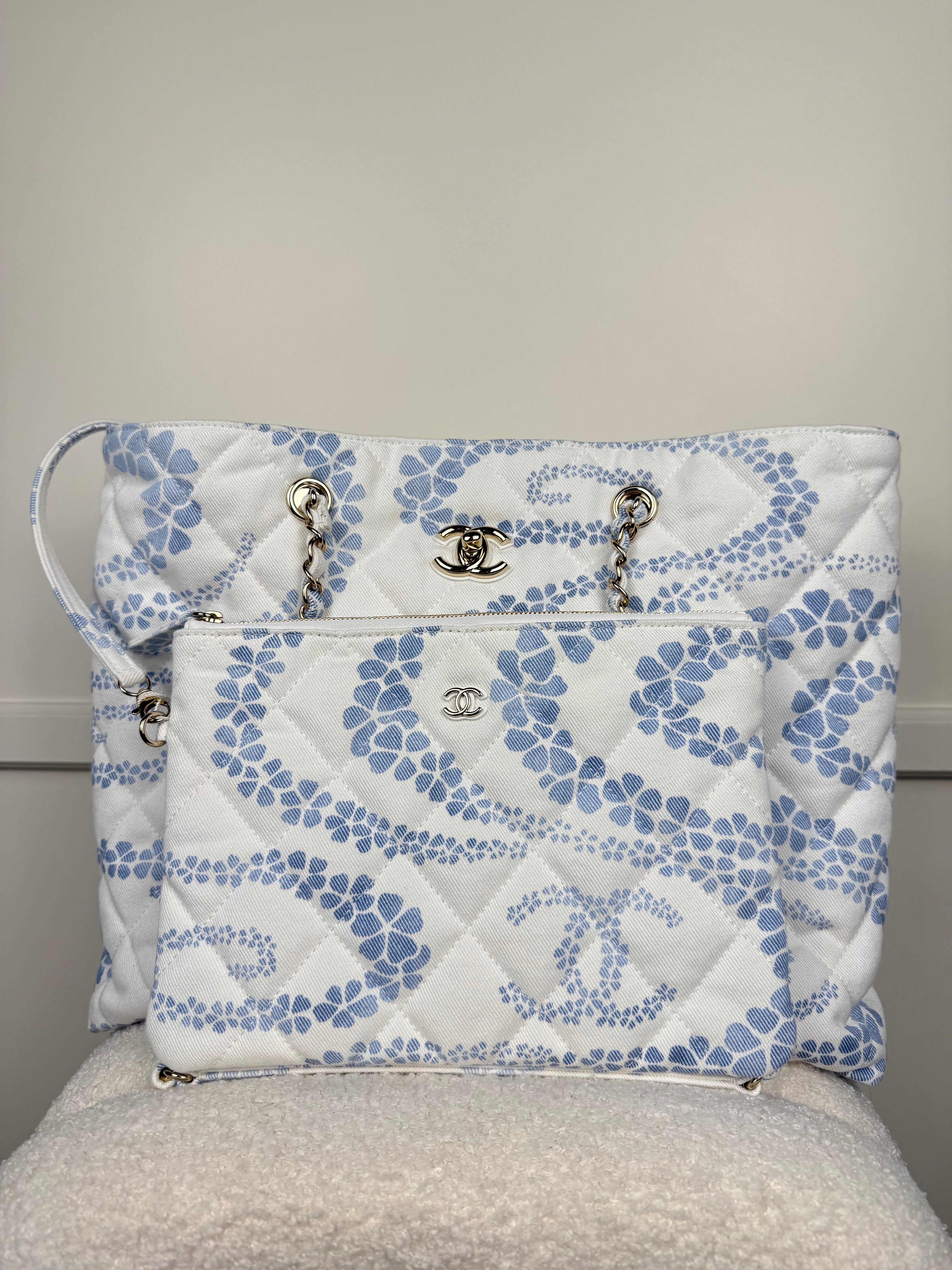 Chanel 2025 Coco Beach White Light Blue Tote Bag