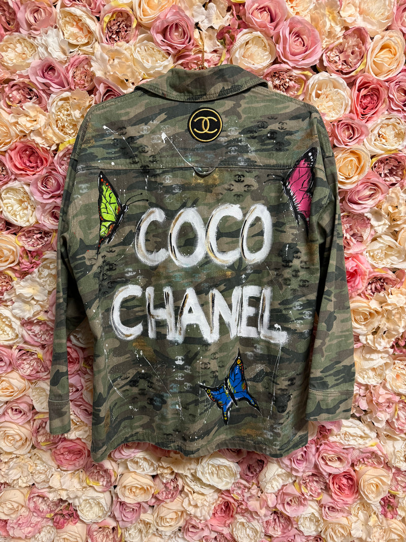 Chic Happens Art Painted Jeans Jacket Camouflage Coco Chanel