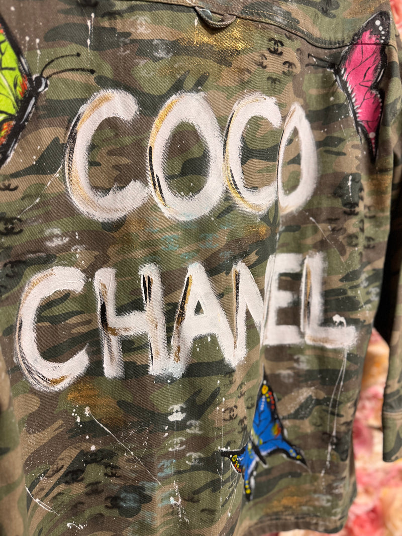 Chic Happens Art Painted Jeans Jacket Camouflage Coco Chanel