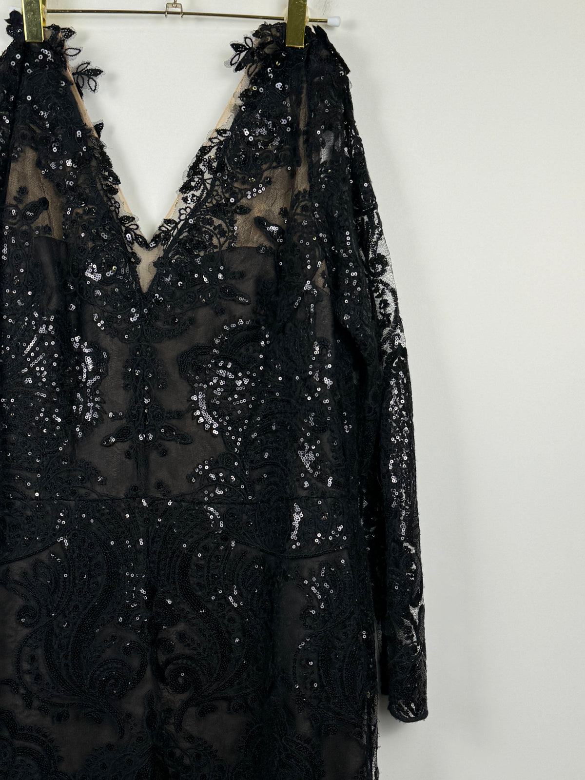 Marchesa Notte Paillettenkleid – Schwarz – Gr. L (US 12)