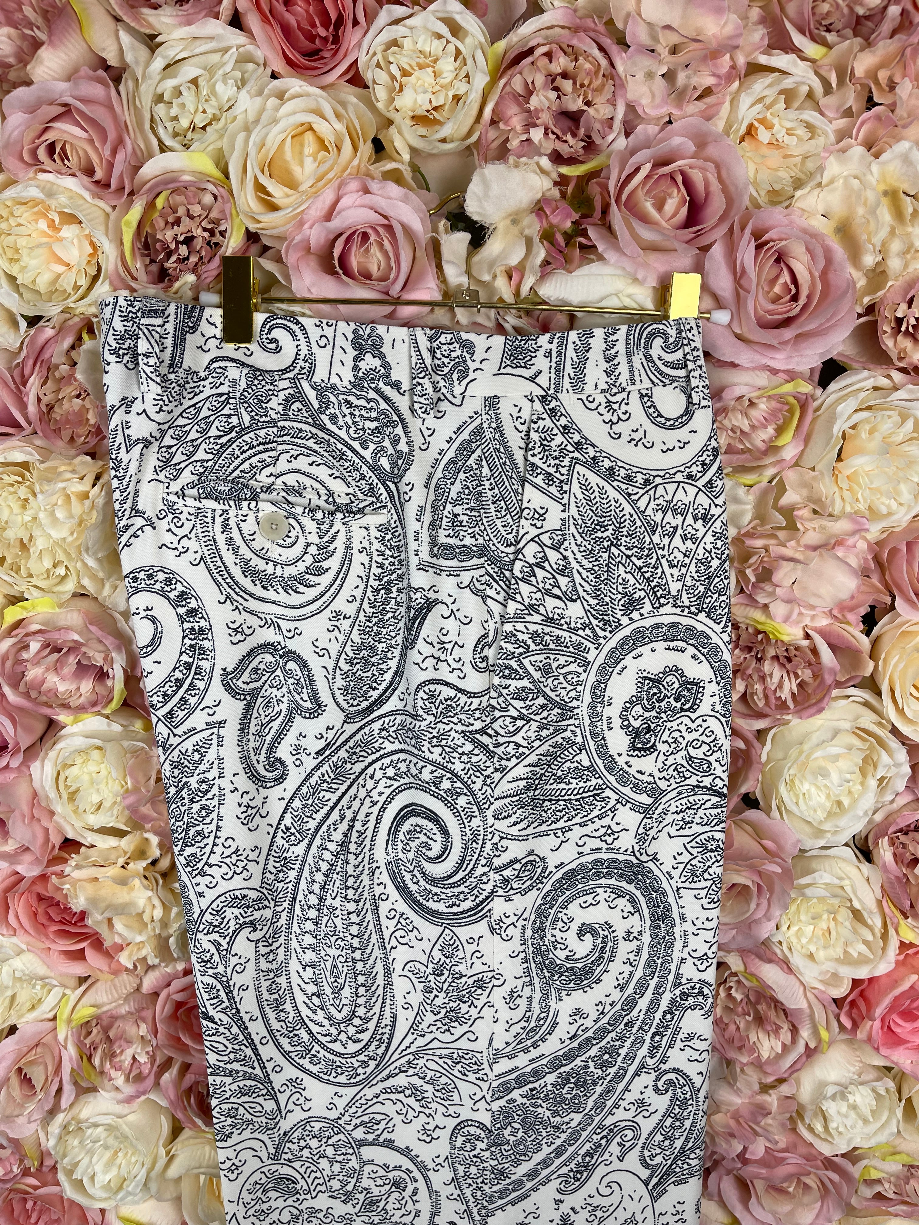 Etro Pants Paisley Print White Dark Blue Sz. 40 DE
