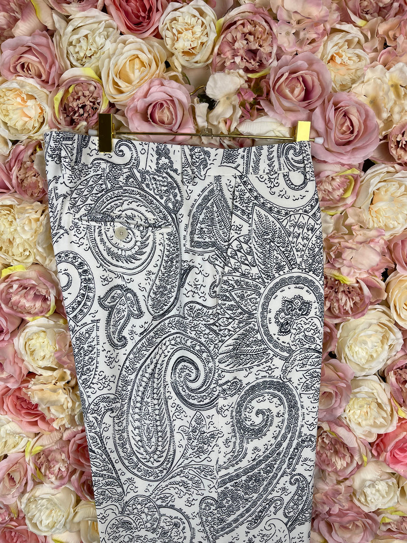 Etro Pants Paisley Print White Dark Blue Sz. 40 DE