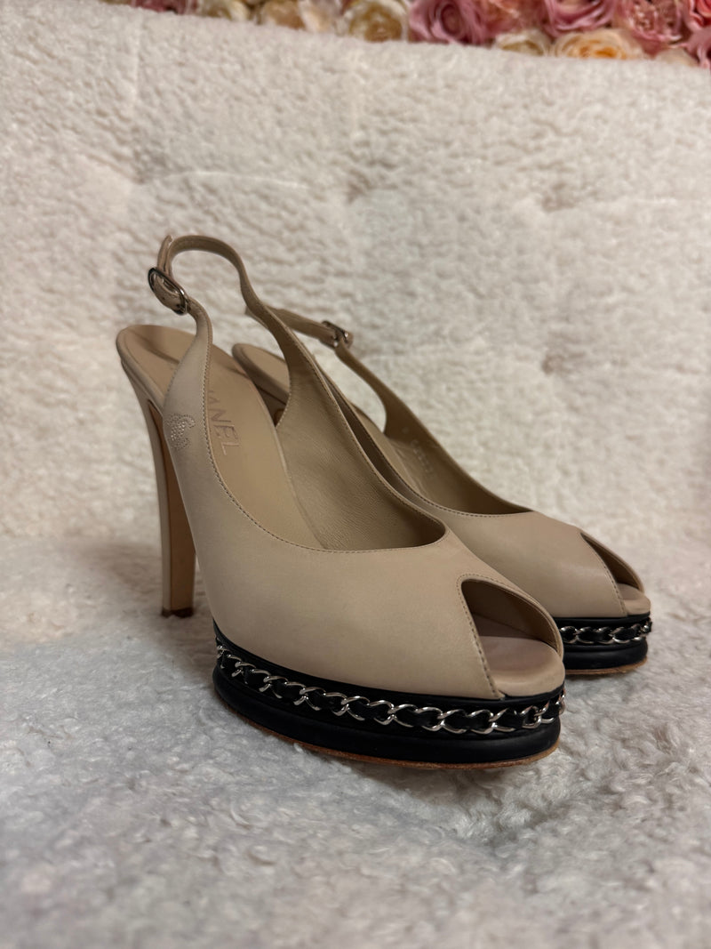 Chanel Plateau Sling Heels Beige Black