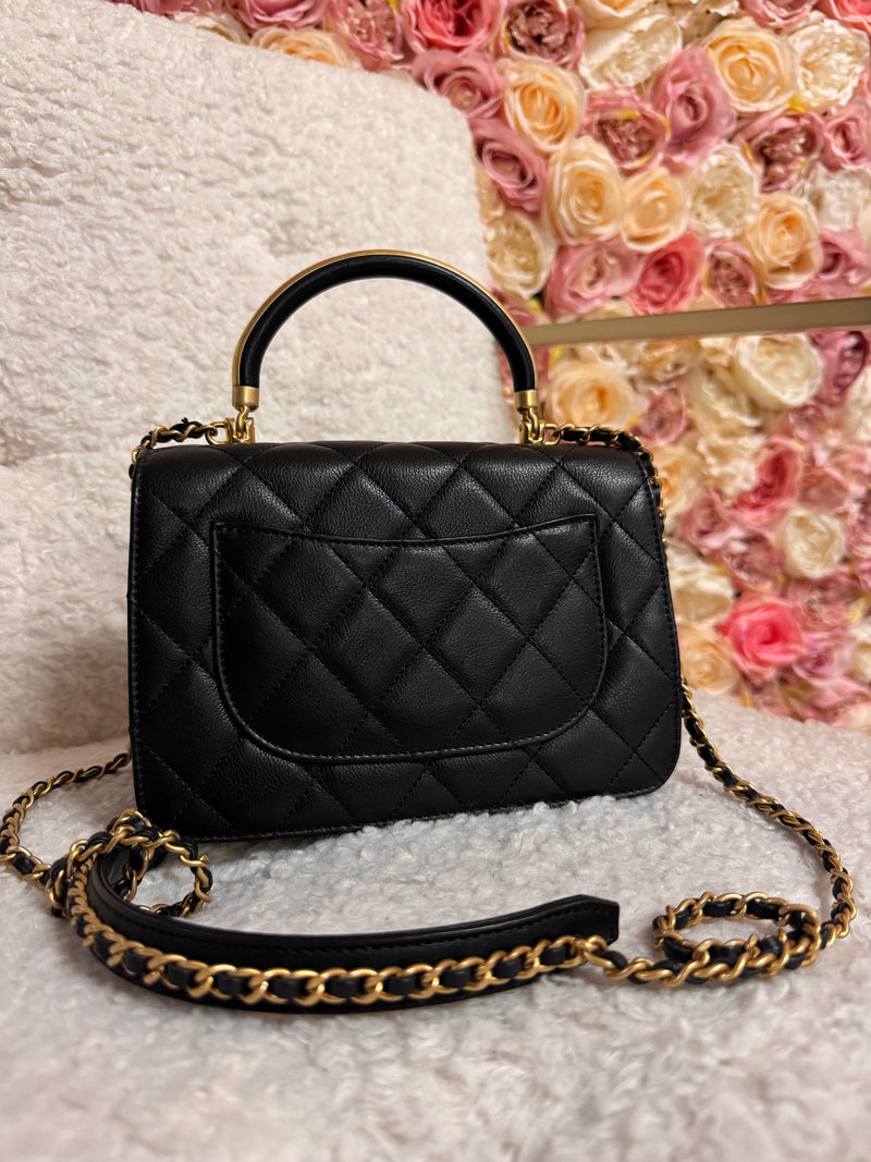 Chanel Quilted Caviar Gold Top Handle Medium Flap Bag Black