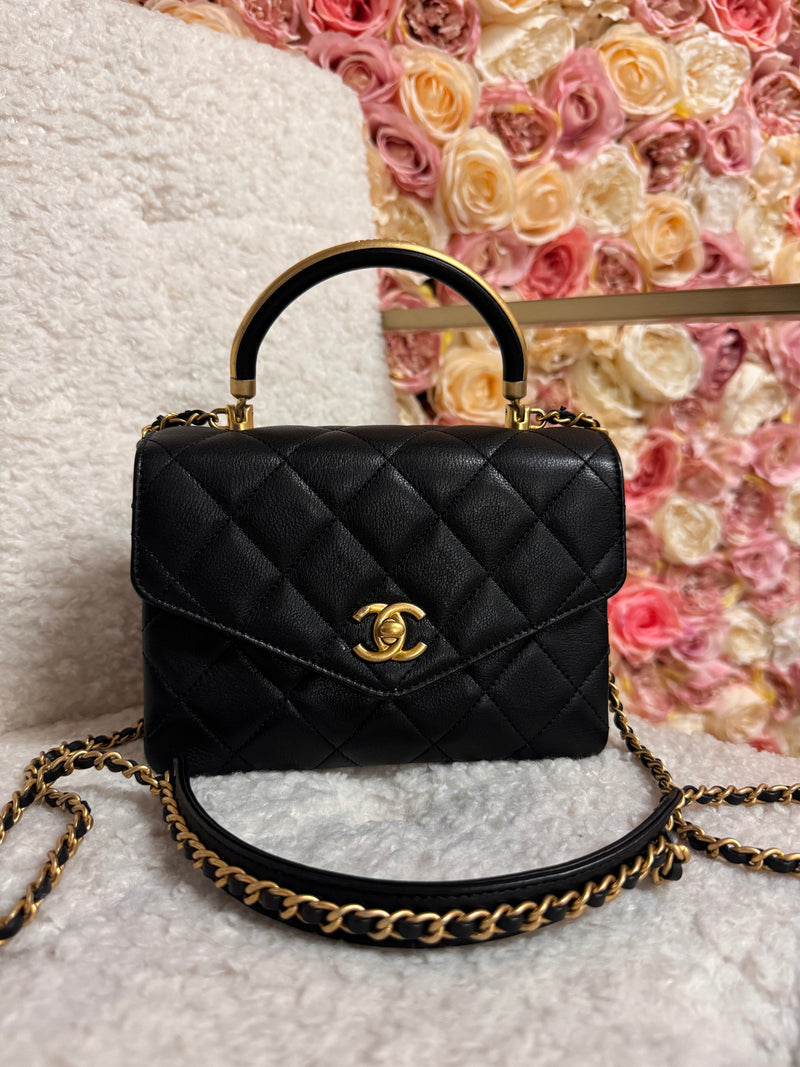 Chanel Quilted Caviar Gold Top Handle Medium Flap Bag Black