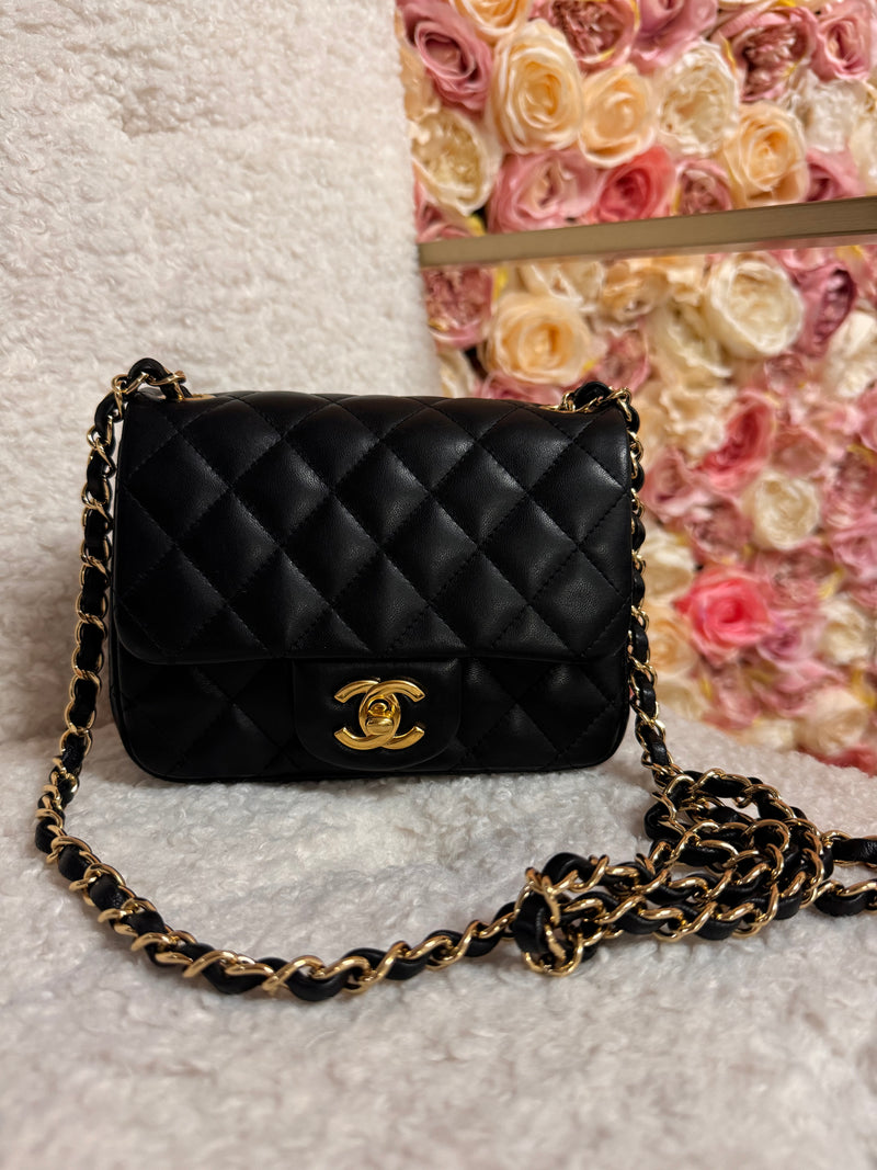 Chanel Lambskin Leather Mini Classic Handbag Black GHW