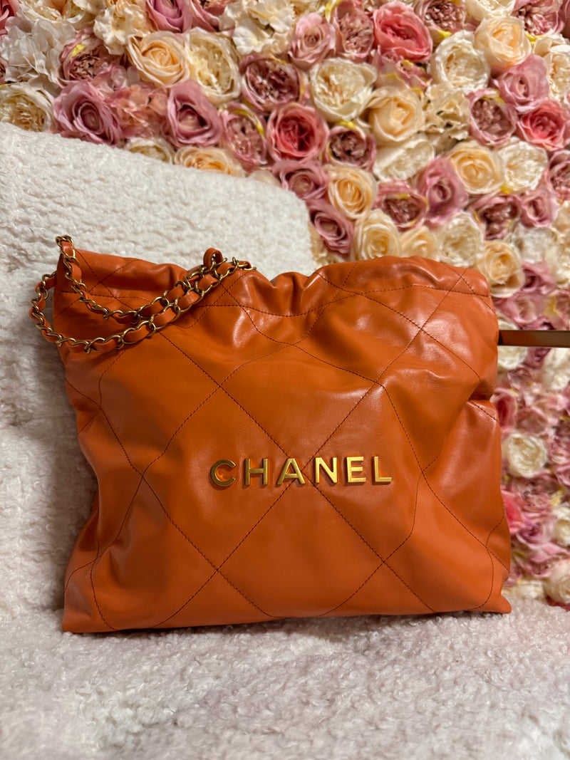 Chanel 22 Shiny Calfskin GHW Orange Camel Bag