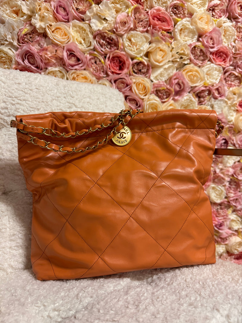 Chanel 22 Shiny Calfskin GHW Orange Camel Bag