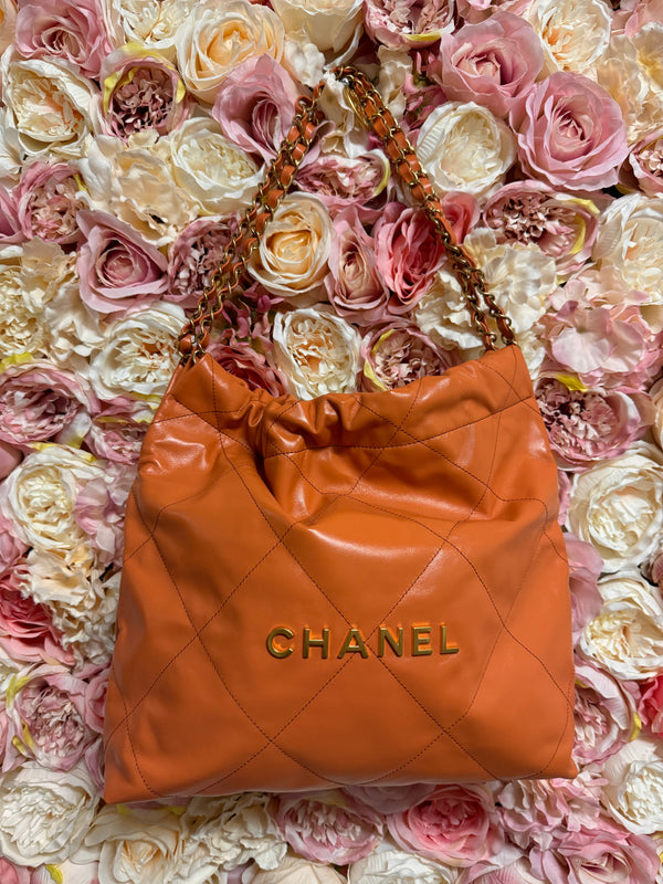 Chanel 22 Shiny Calfskin GHW Orange Camel Bag