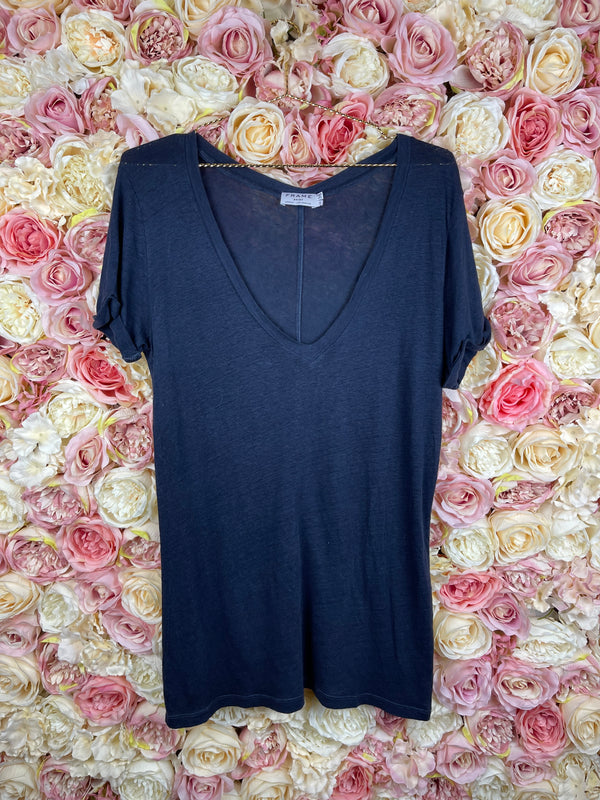 Frame V-Neck Linen T-Shirt Blue Sz. S