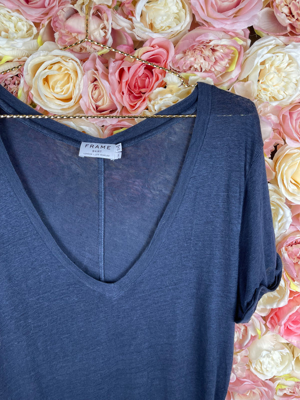 Frame V-Neck Linen T-Shirt Blue Sz. S