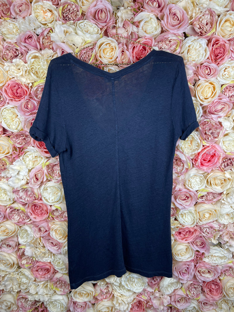 Frame V-Neck Linen T-Shirt Blue Sz. S