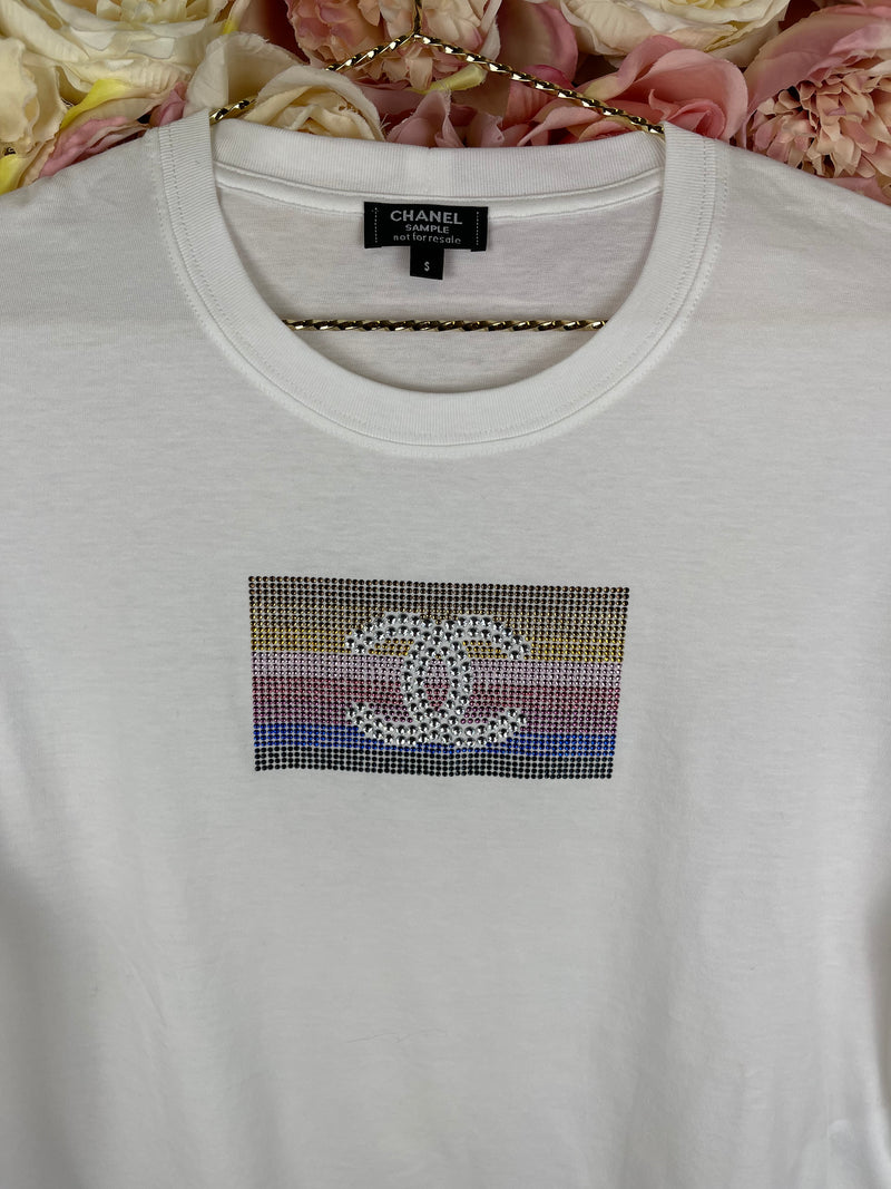 Chanel Rhinestone T-Shirt White Multi Sz. S