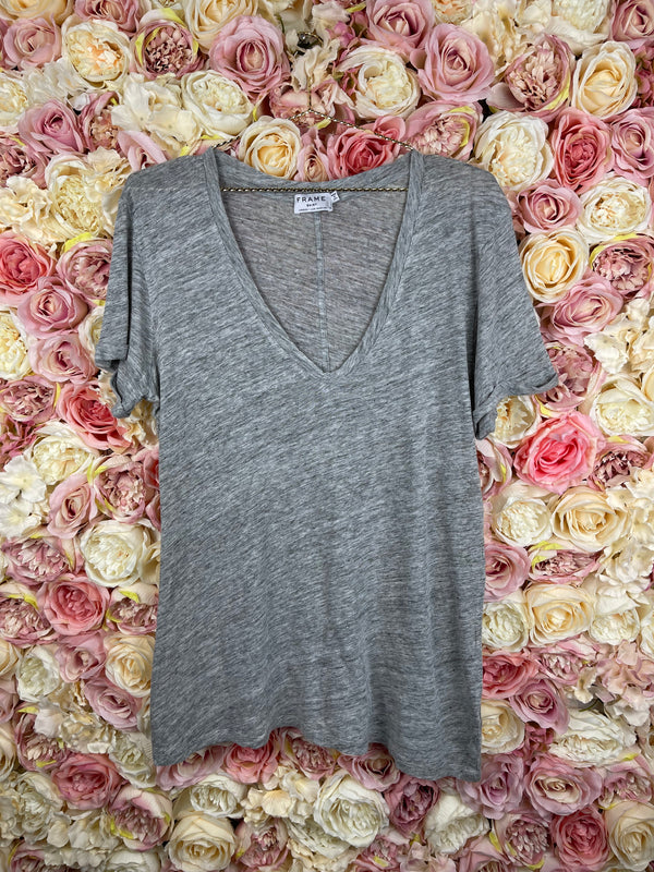 Frame V-Neck Linen T-Shirt Grey Sz. L
