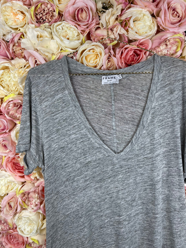 Frame V-Neck Linen T-Shirt Grey Sz. L