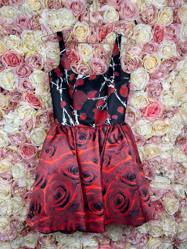 Philipp Plein Dress Black with Red Roses Sz. S