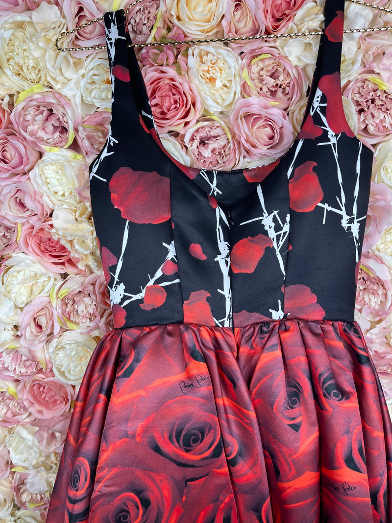 Philipp Plein Dress Black with Red Roses Sz. S