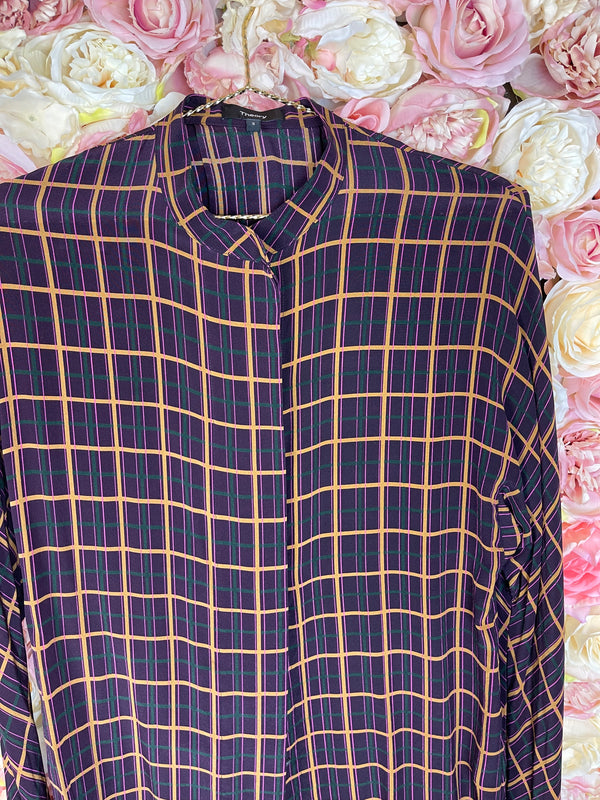 Theory Check Blouse Purple Multi Sz. S