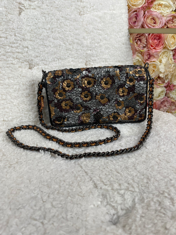 Coach Dinky Leather Bag with Flowers Black