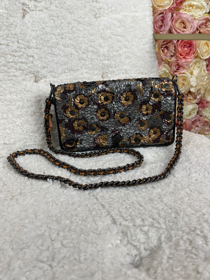 Coach Dinky Leather Bag with Flowers Black