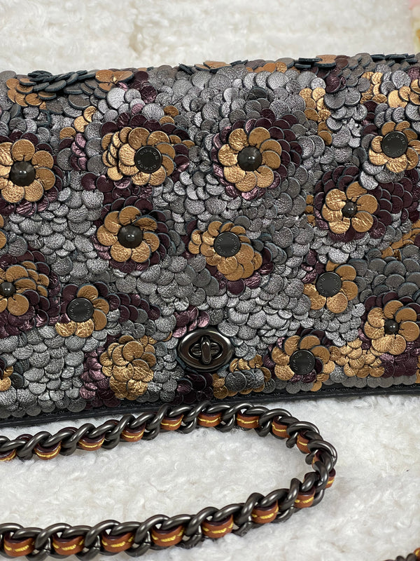 Coach Dinky Leather Bag with Flowers Black
