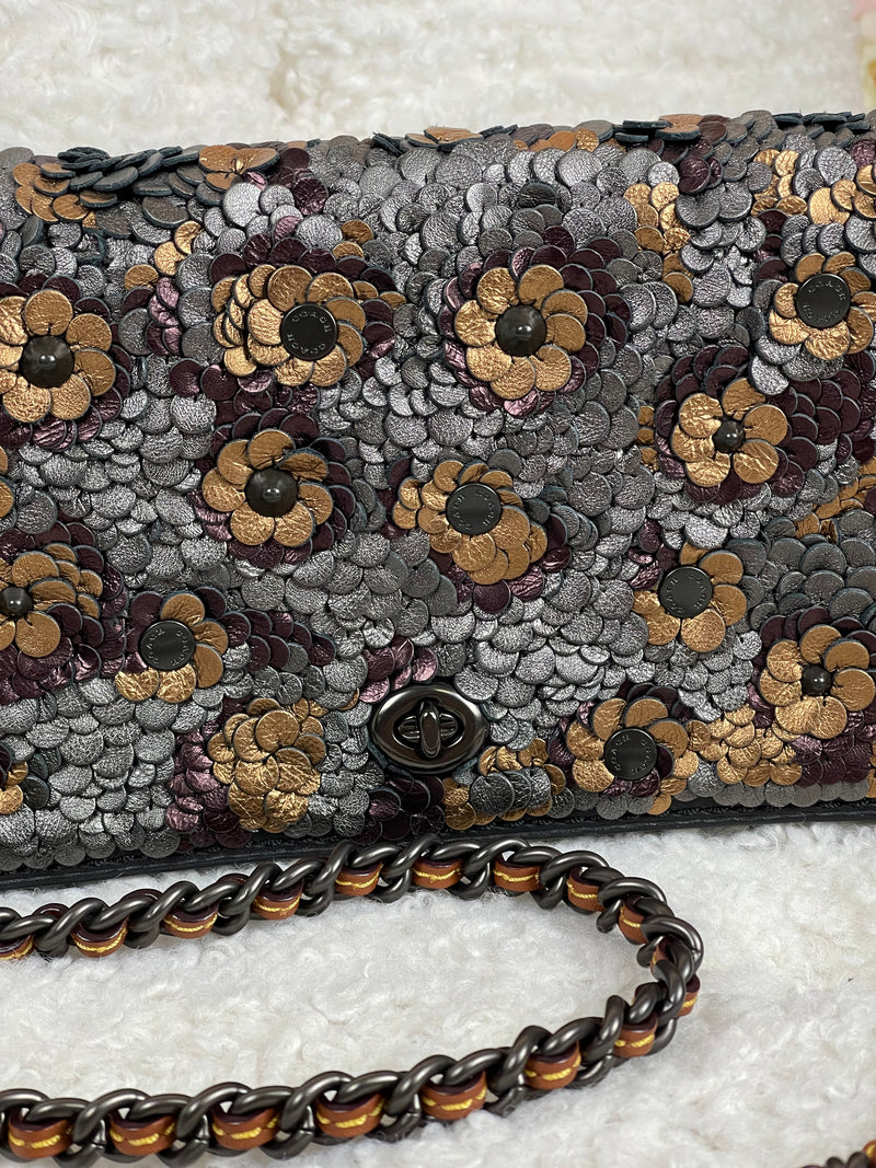 Coach Dinky Leather Bag with Flowers Black